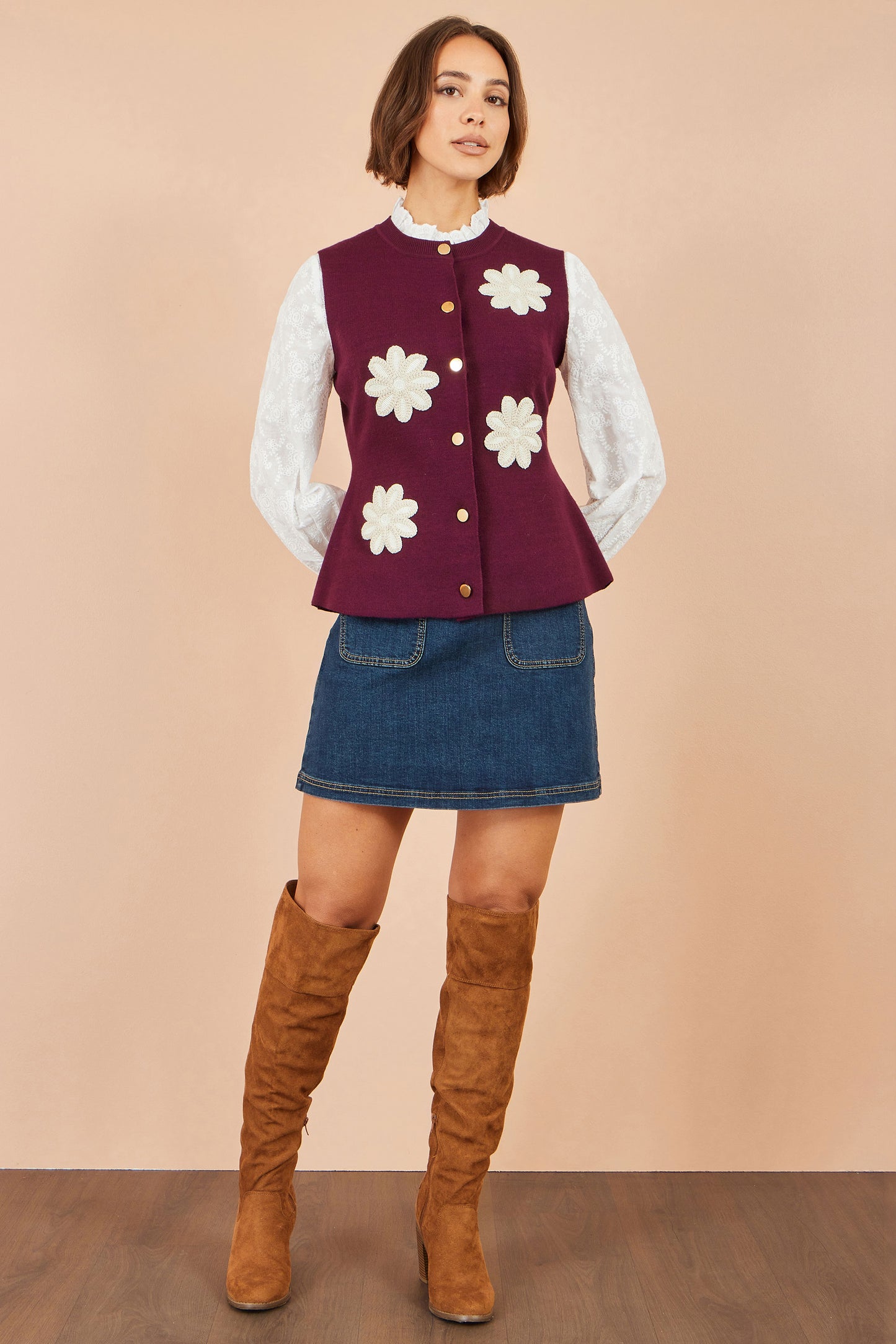 Yumi Burgundy Flower Applique Knit Waistcoat
