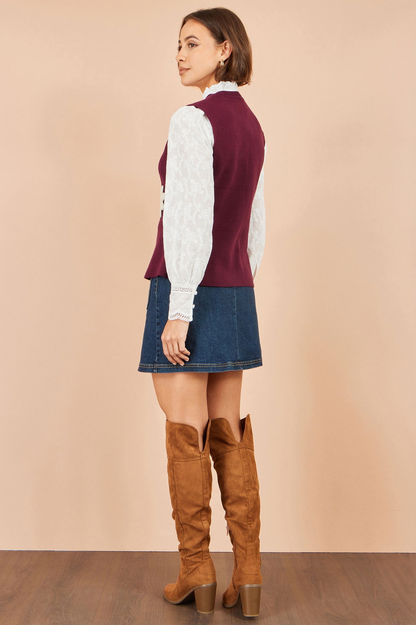 Yumi Burgundy Flower Applique Knit Waistcoat