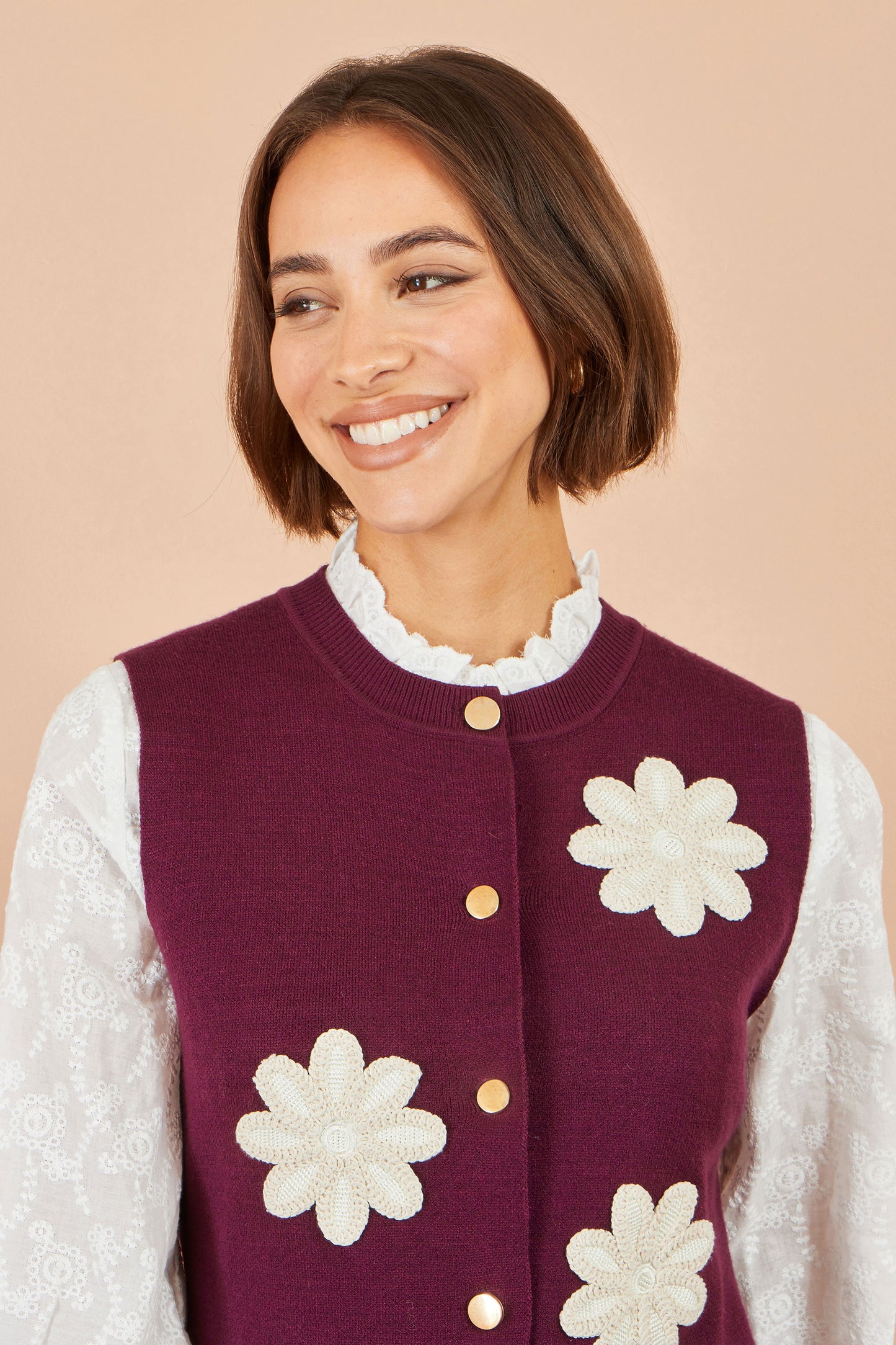 Yumi Burgundy Flower Applique Knit Waistcoat