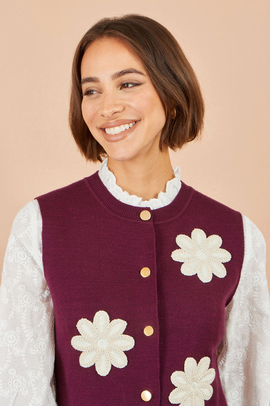 Yumi Burgundy Flower Applique Knit Waistcoat Knit Pullover Yumi