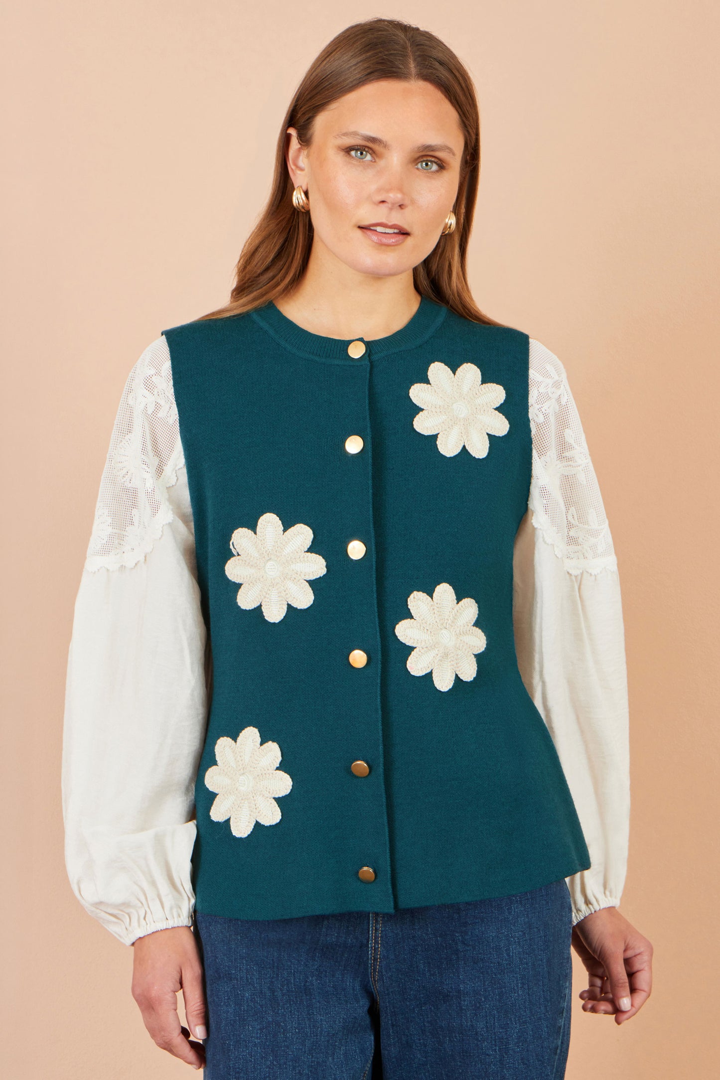Yumi Teal Flower Applique Knit Waistcoat