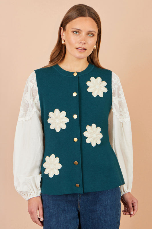 Yumi Teal Flower Applique Knit Waistcoat Knit Pullover Yumi