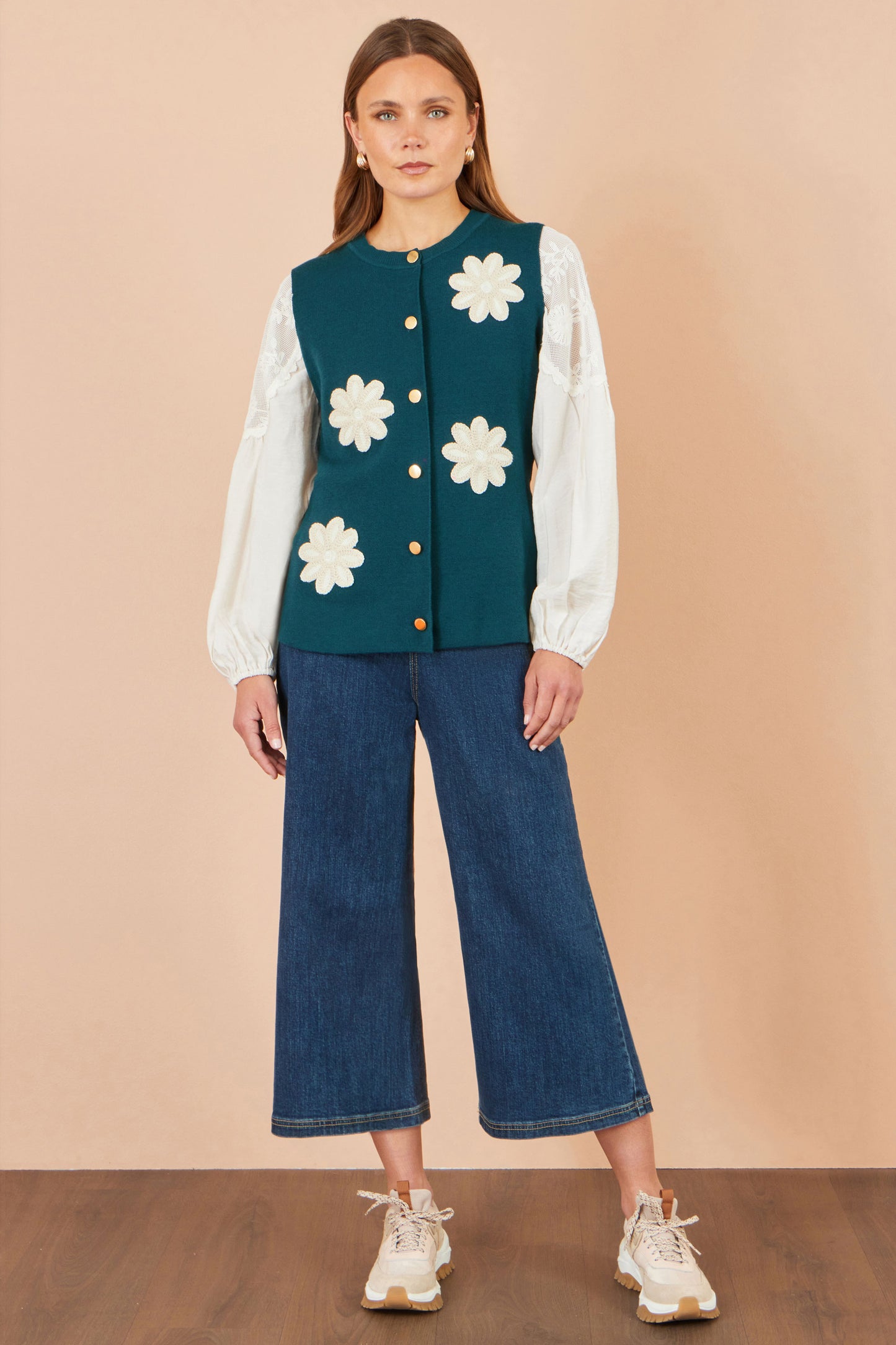Yumi Teal Flower Applique Knit Waistcoat