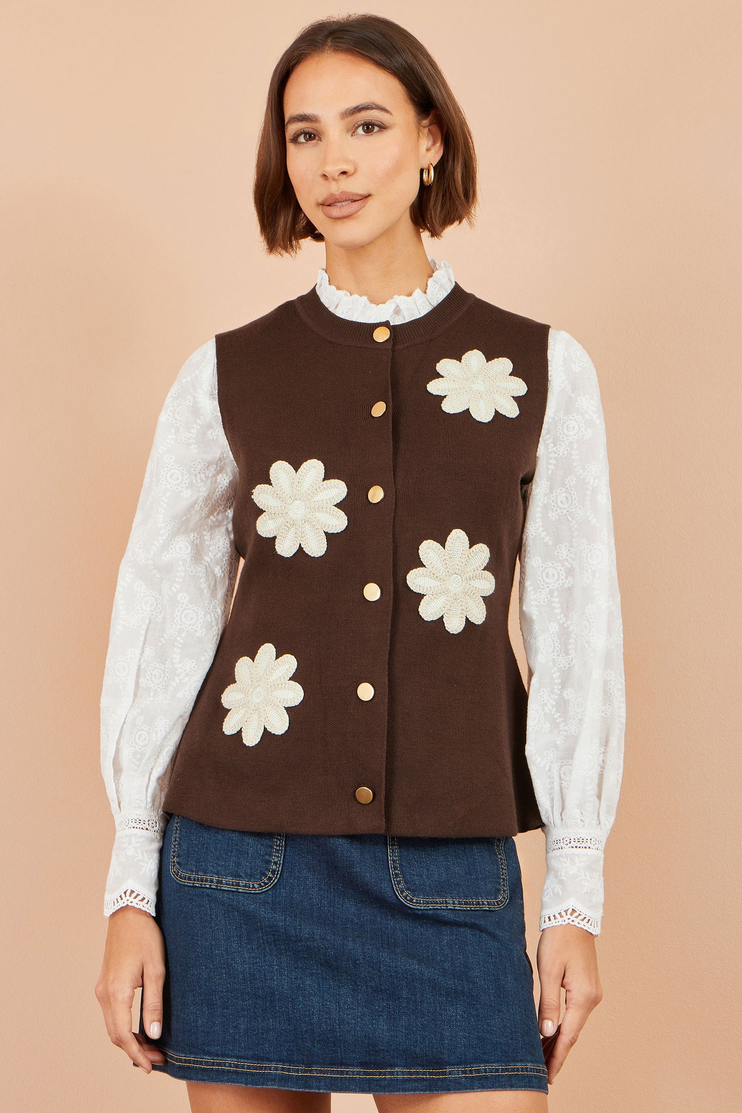 Yumi Brown Flower Applique Knit Waistcoat