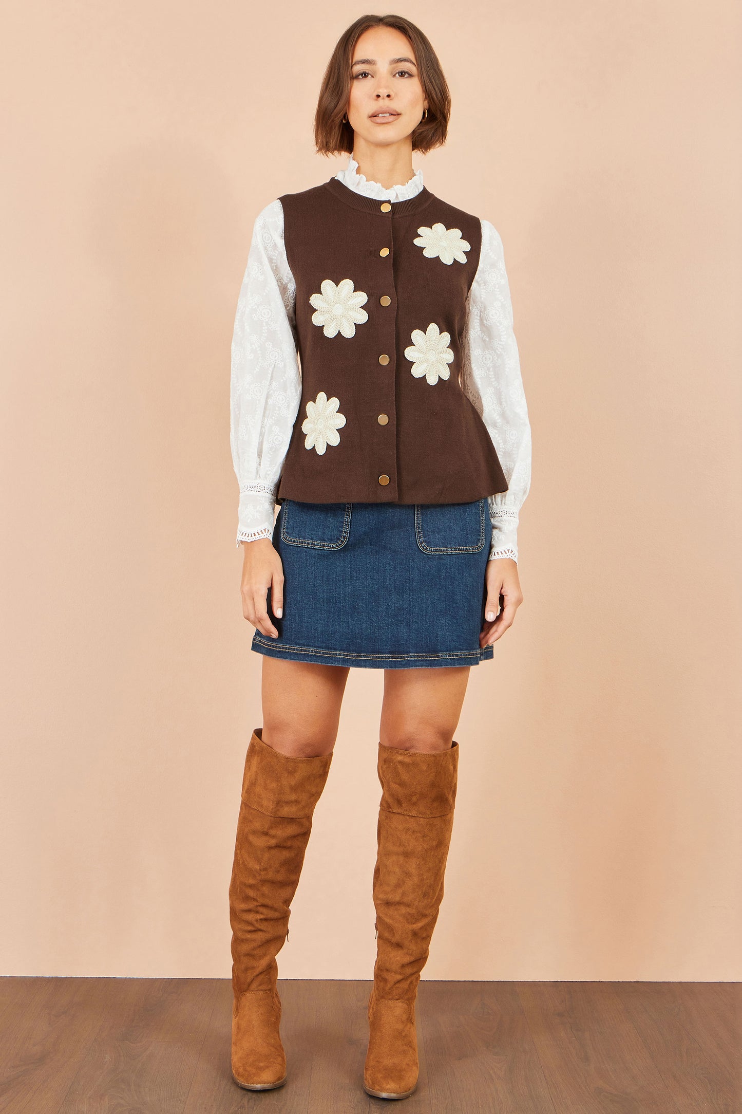 Yumi Brown Flower Applique Knit Waistcoat
