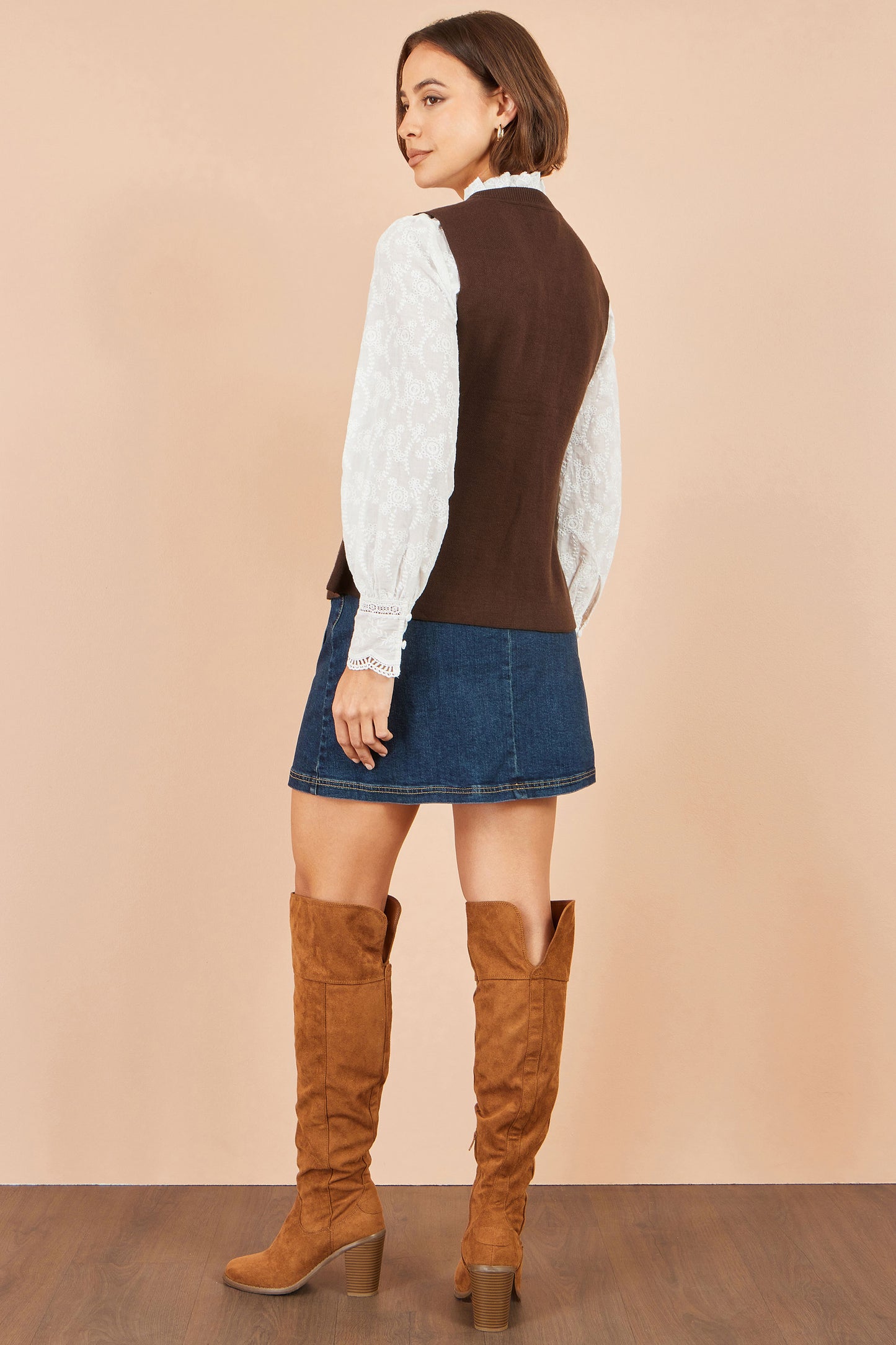 Yumi Brown Flower Applique Knit Waistcoat