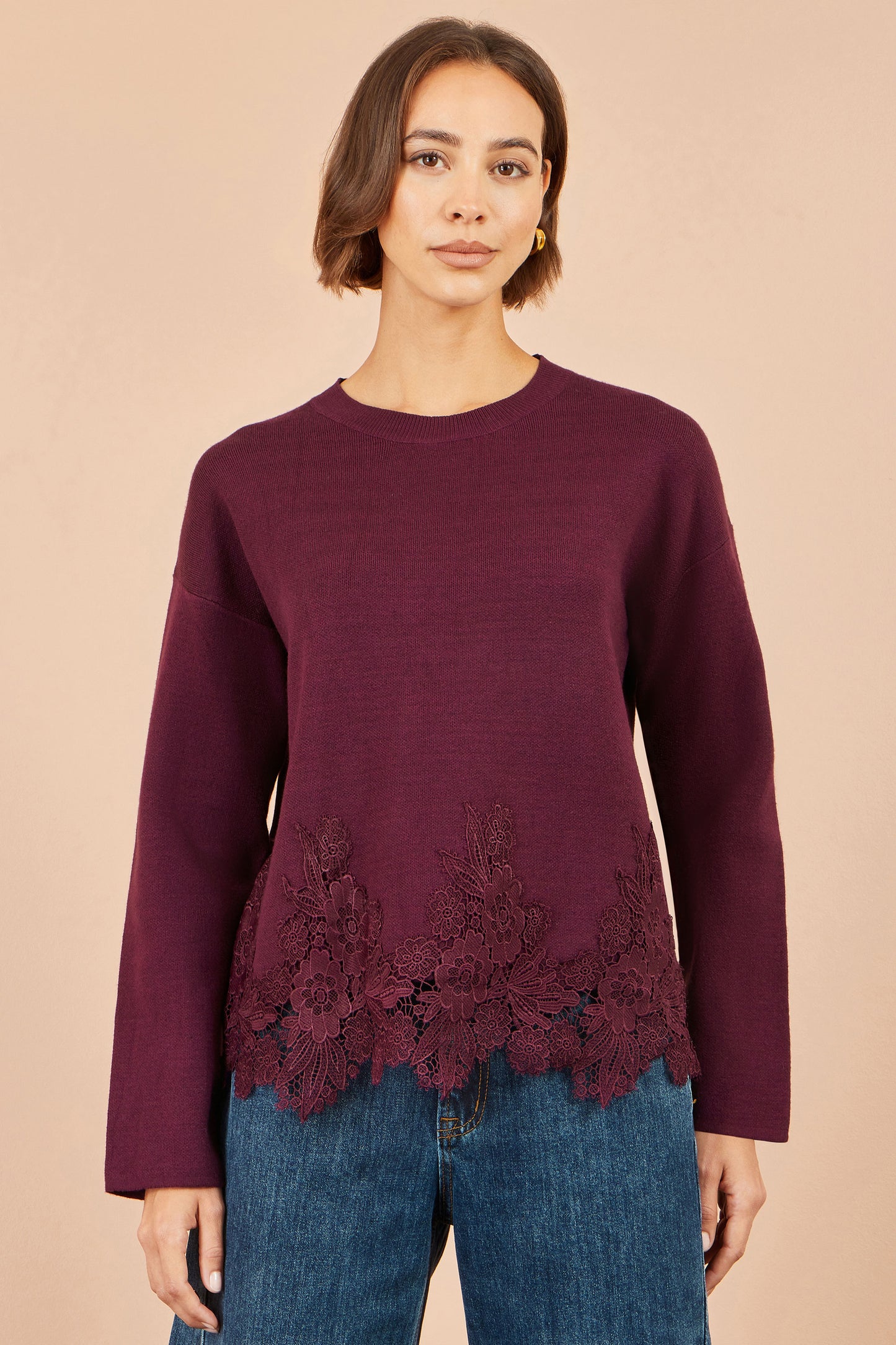 Yumi Burgundy Viscose Relaxed Jumper With Lace Trim Knit Jumper Yumi