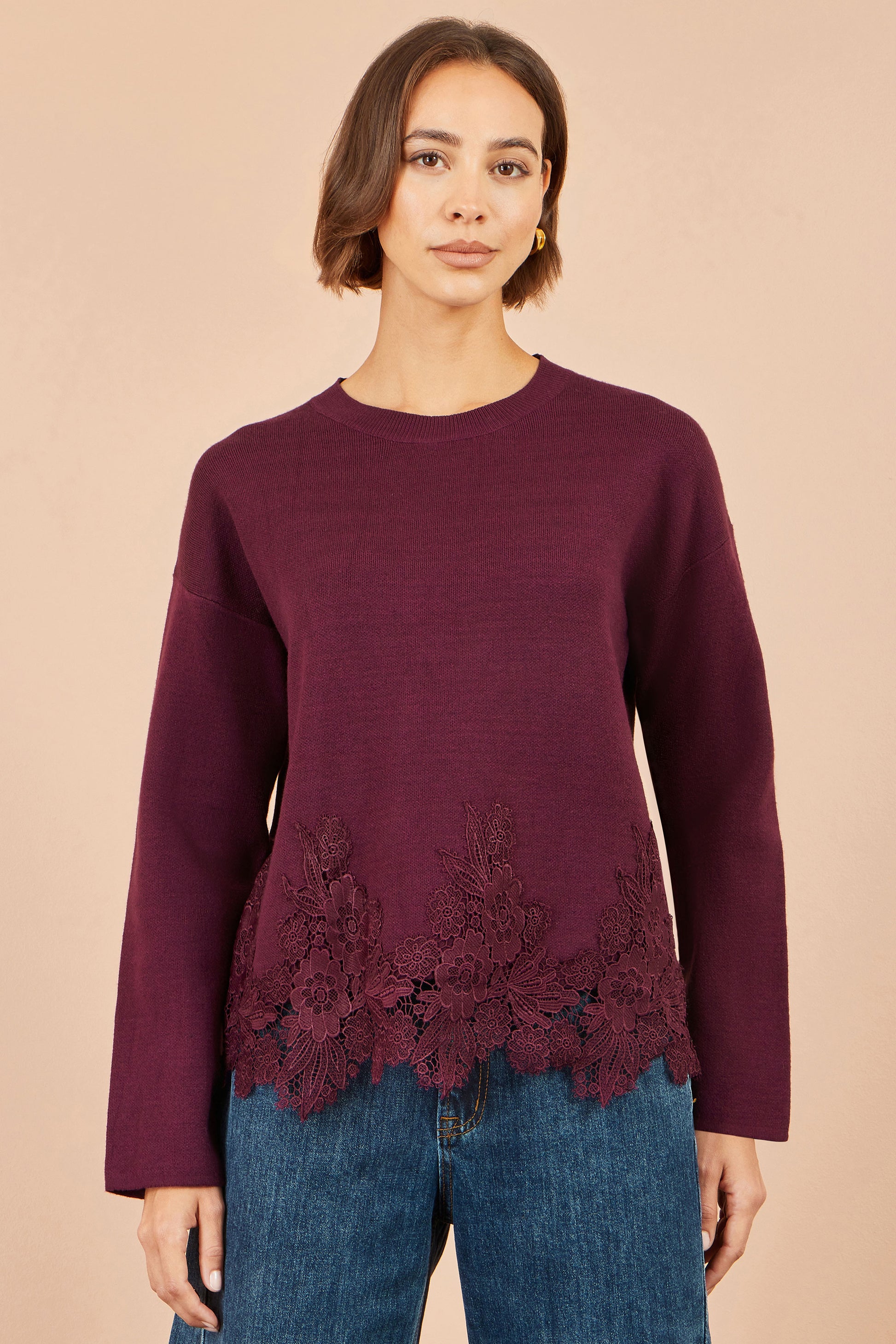 Yumi Burgundy Viscose Relaxed Jumper With Lace Trim Knit Jumper Yumi