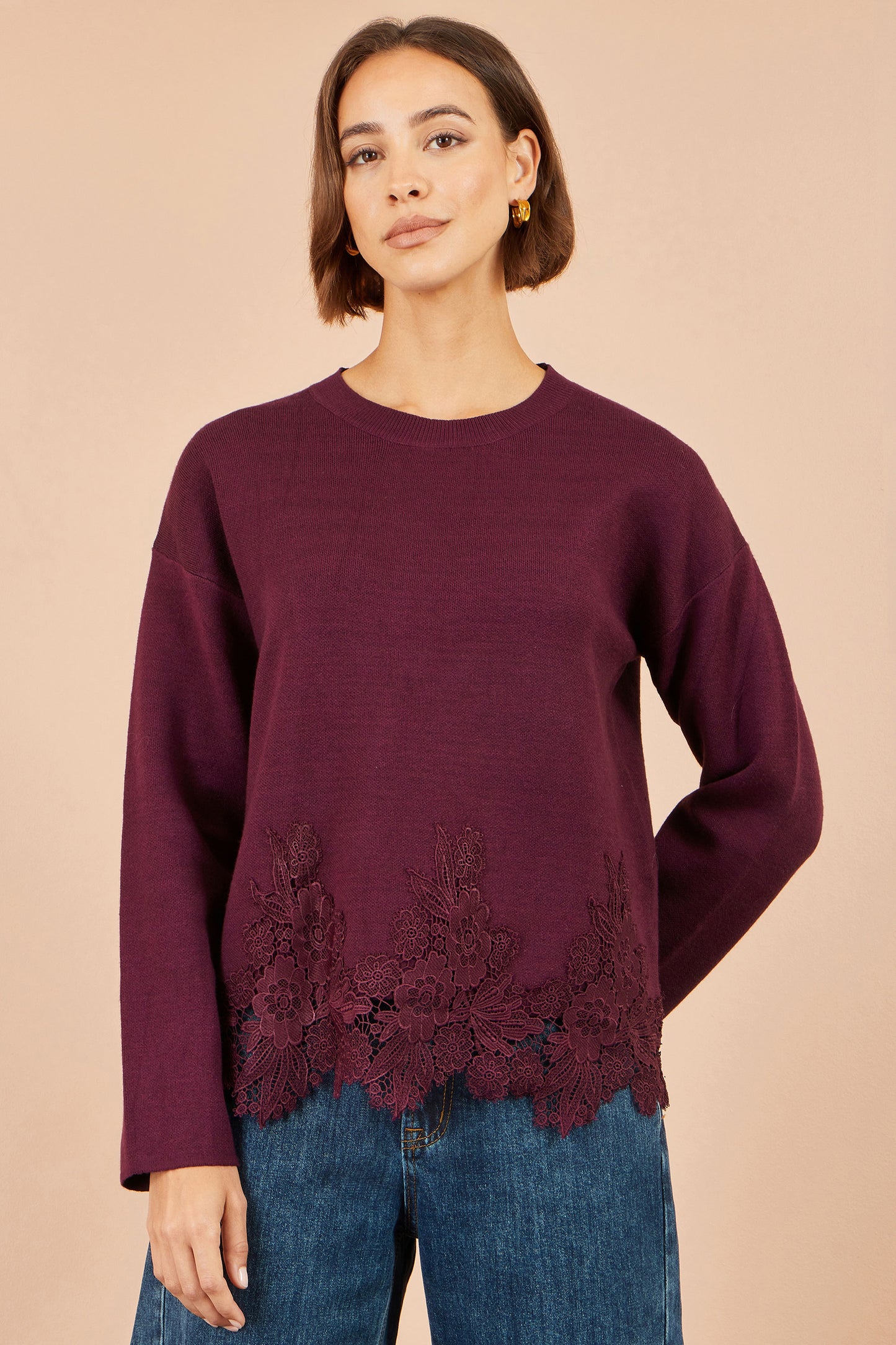 Yumi Burgundy Viscose Relaxed Jumper With Lace Trim Knit Jumper Yumi