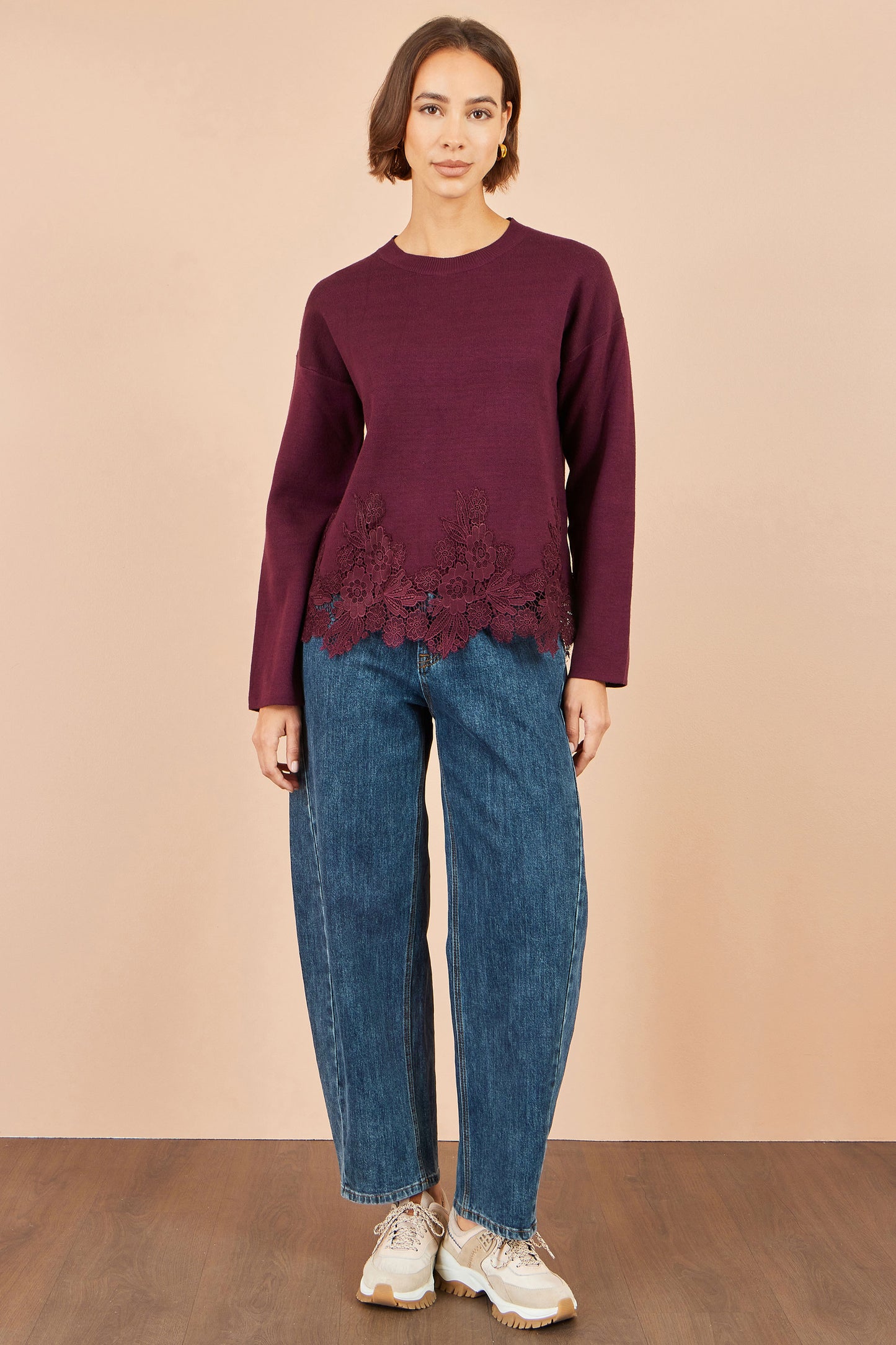 Yumi Burgundy Viscose Relaxed Jumper With Lace Trim Knit Jumper Yumi