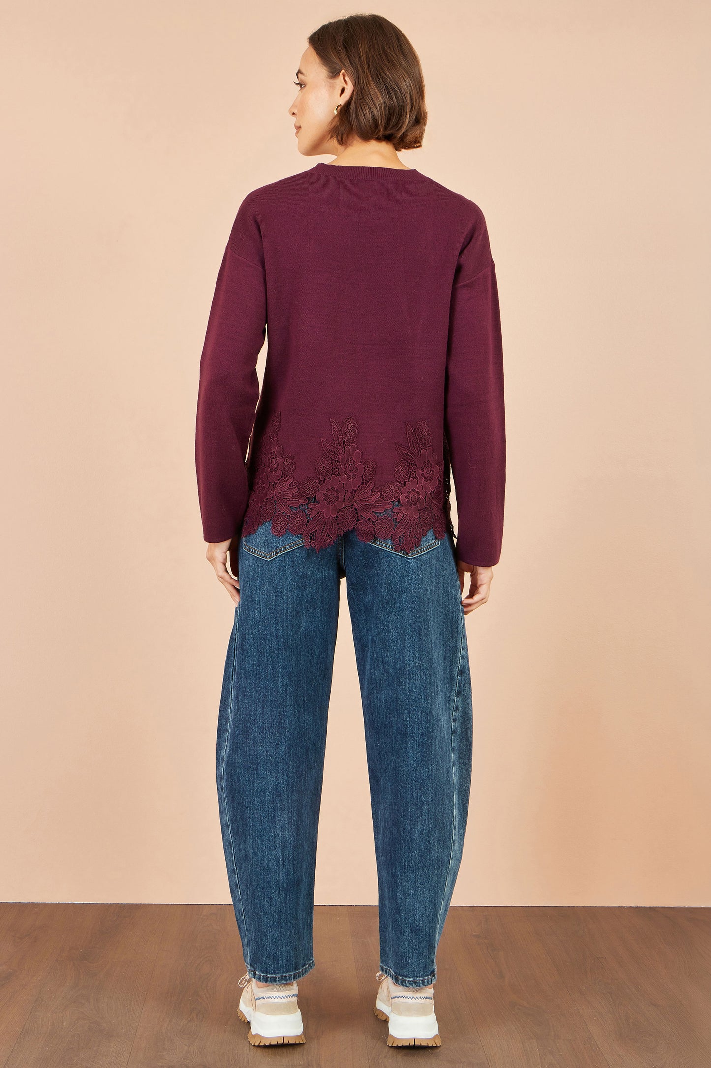 Yumi Burgundy Viscose Relaxed Jumper With Lace Trim Knit Jumper Yumi