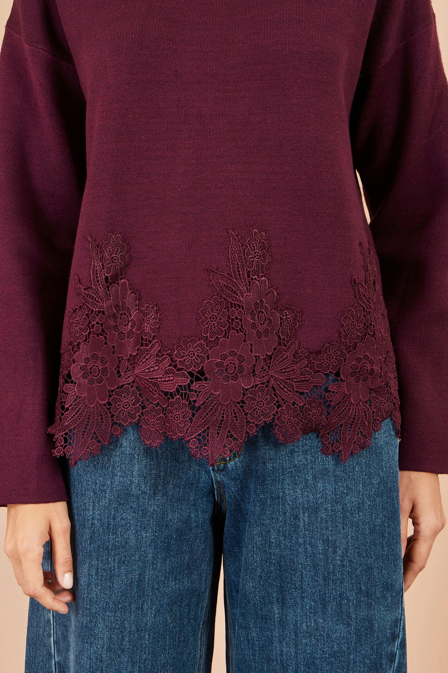 Yumi Burgundy Viscose Relaxed Jumper With Lace Trim Knit Jumper Yumi