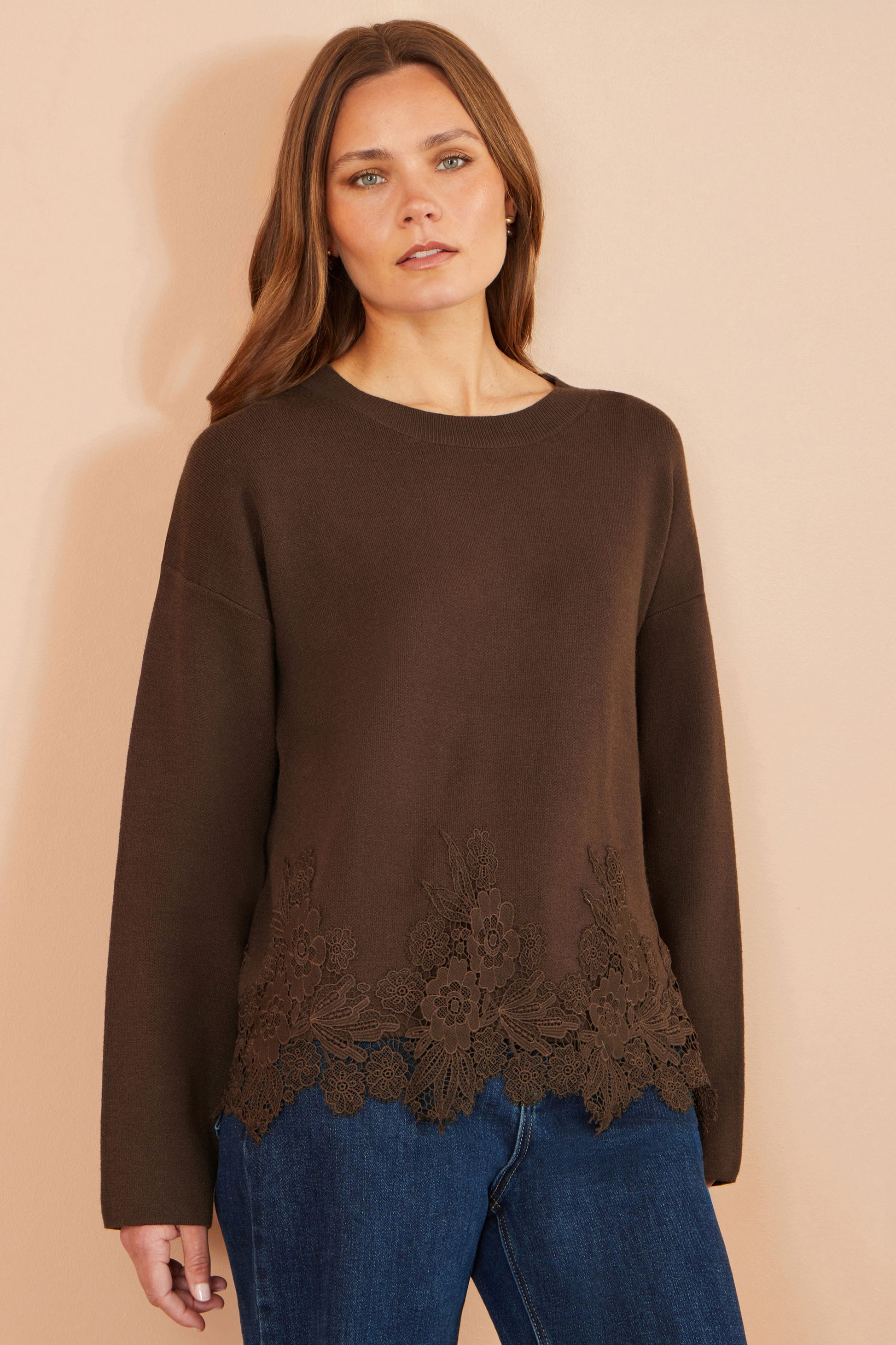 Yumi Brown Viscose Relaxed Jumper With Lace Trim Knit Jumper Yumi
