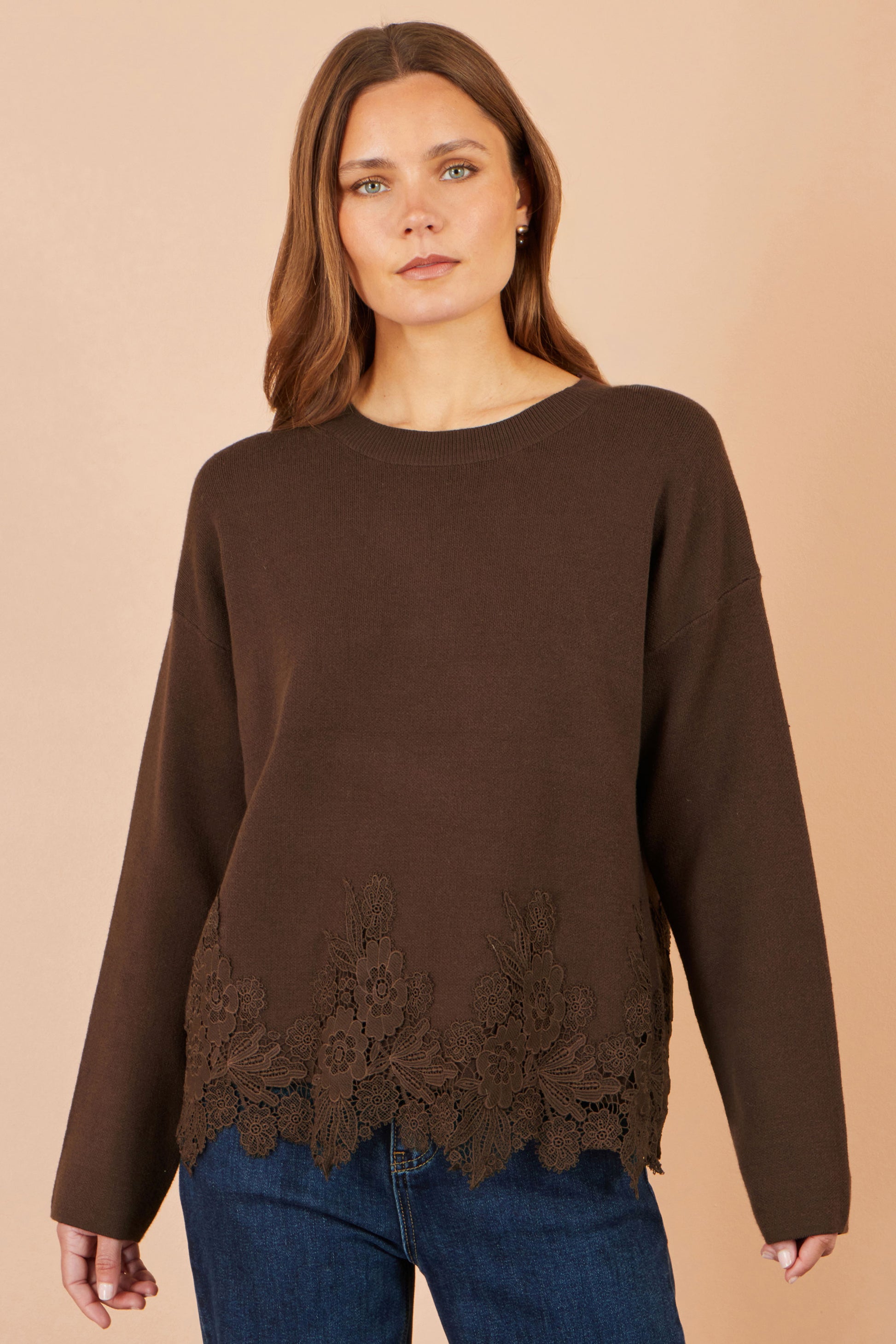 Yumi Brown Viscose Relaxed Jumper With Lace Trim Knit Jumper Yumi
