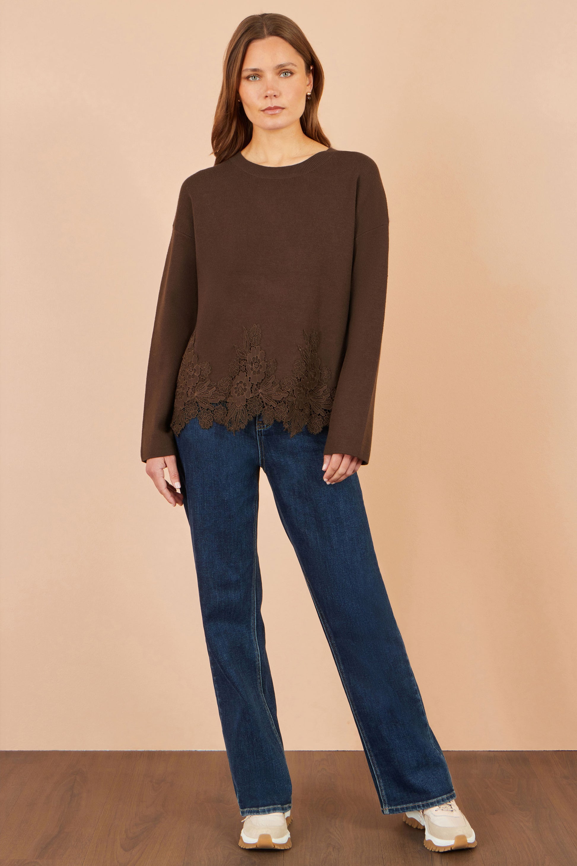 Yumi Brown Viscose Relaxed Jumper With Lace Trim Knit Jumper Yumi