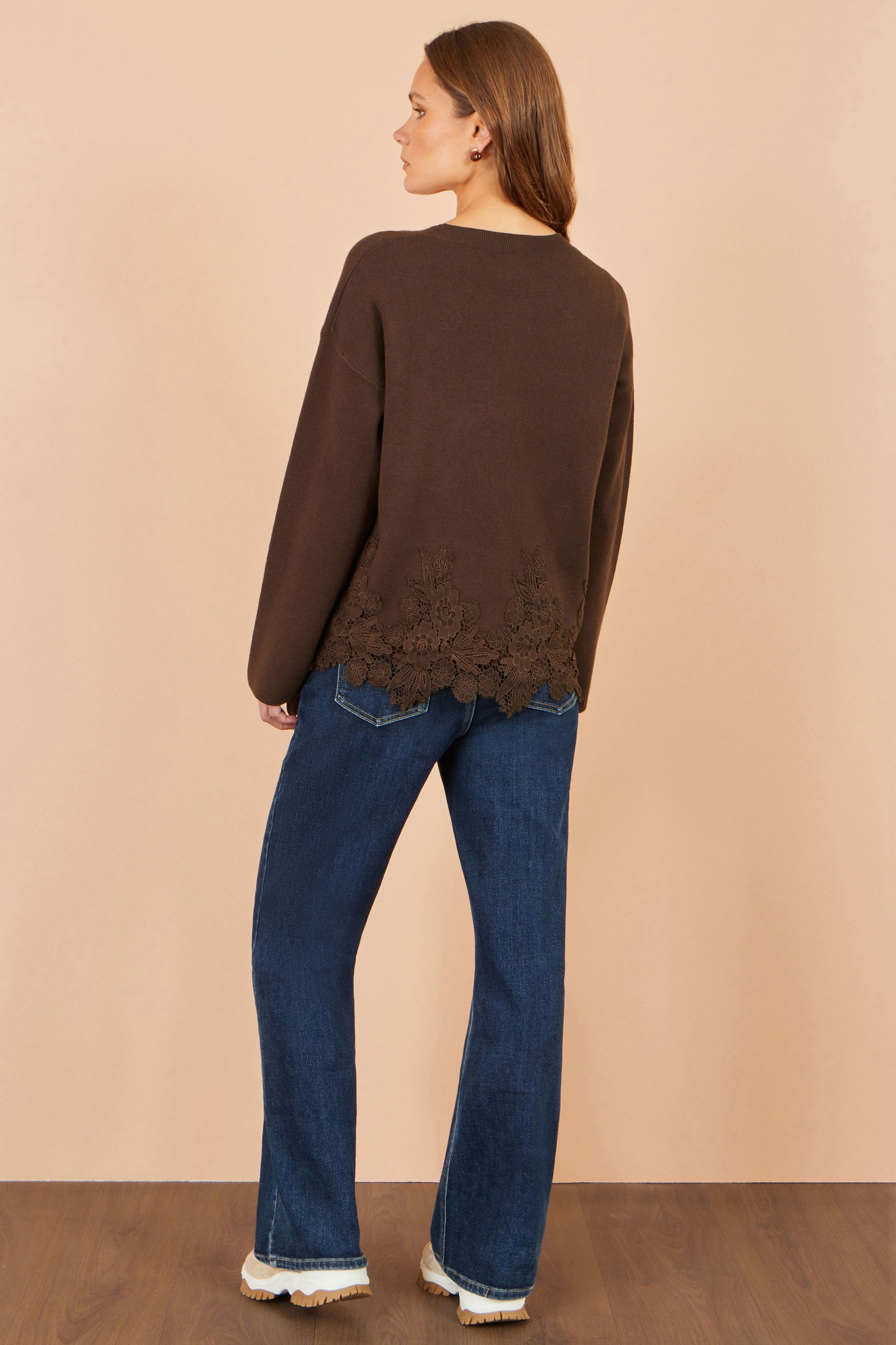 Yumi Brown Viscose Relaxed Jumper With Lace Trim Knit Jumper Yumi