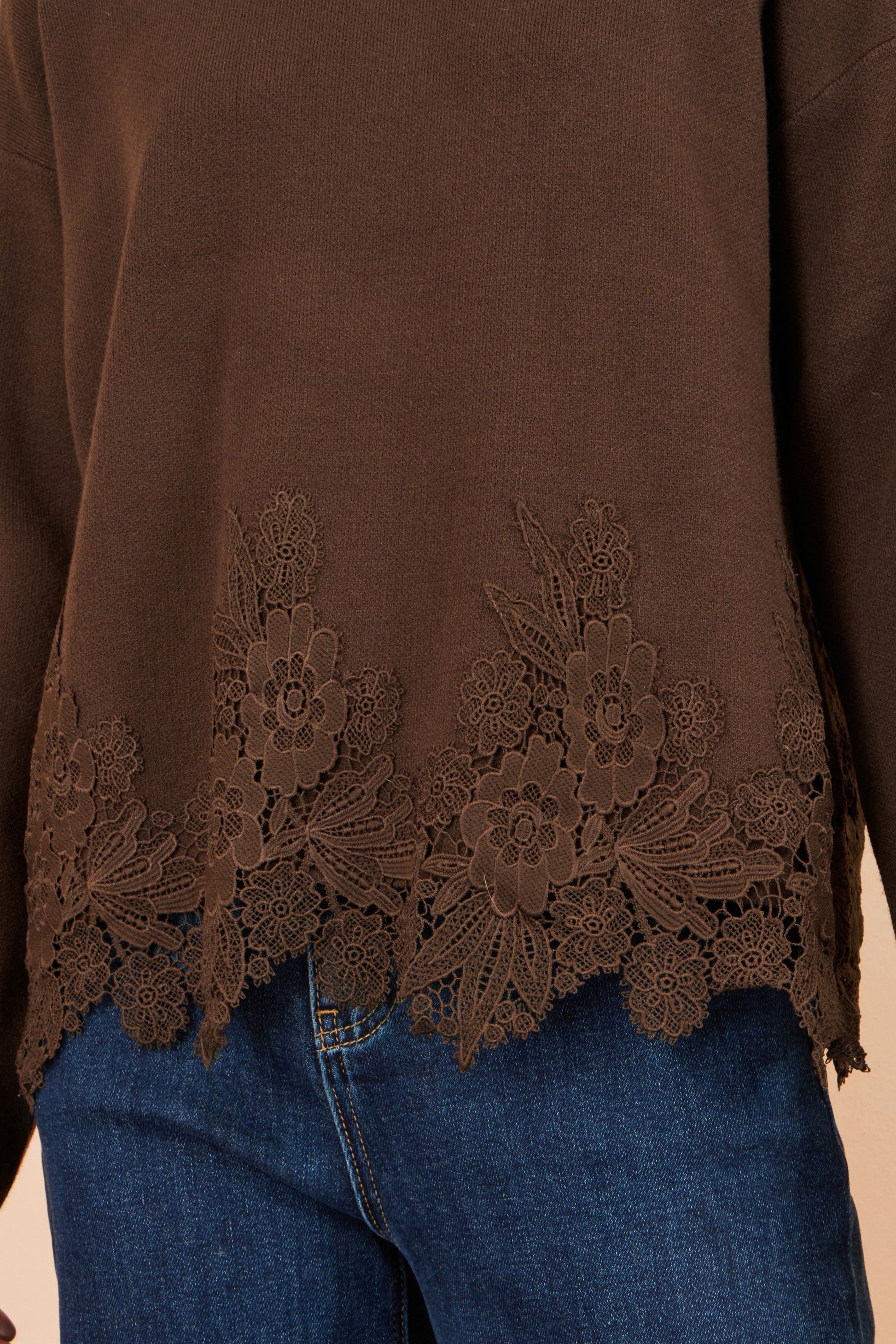Yumi Brown Viscose Relaxed Jumper With Lace Trim Knit Jumper Yumi