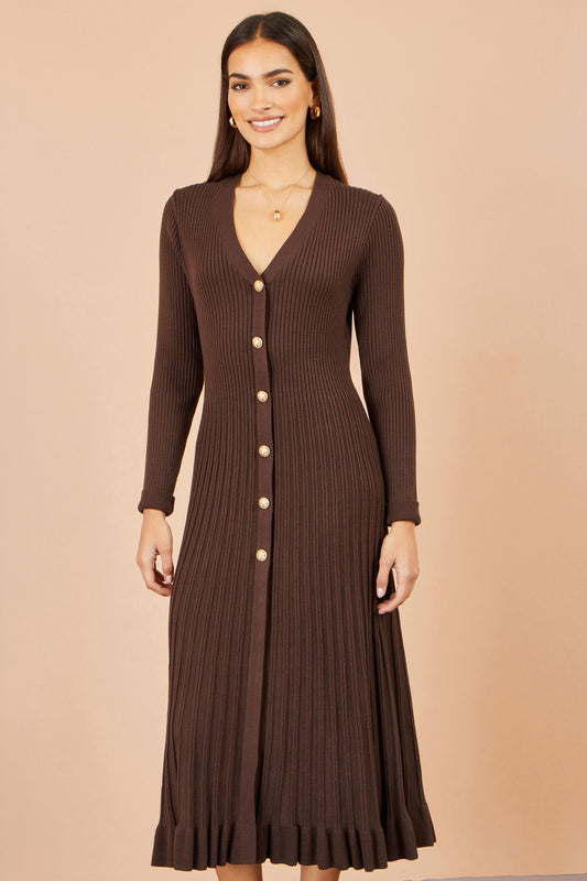 Yumi Brown Viscose Knitted Midi Ribbed Dress Knit Dress Yumi