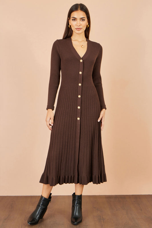 Yumi Brown Viscose Knitted Midi Ribbed Dress Knit Dress Yumi
