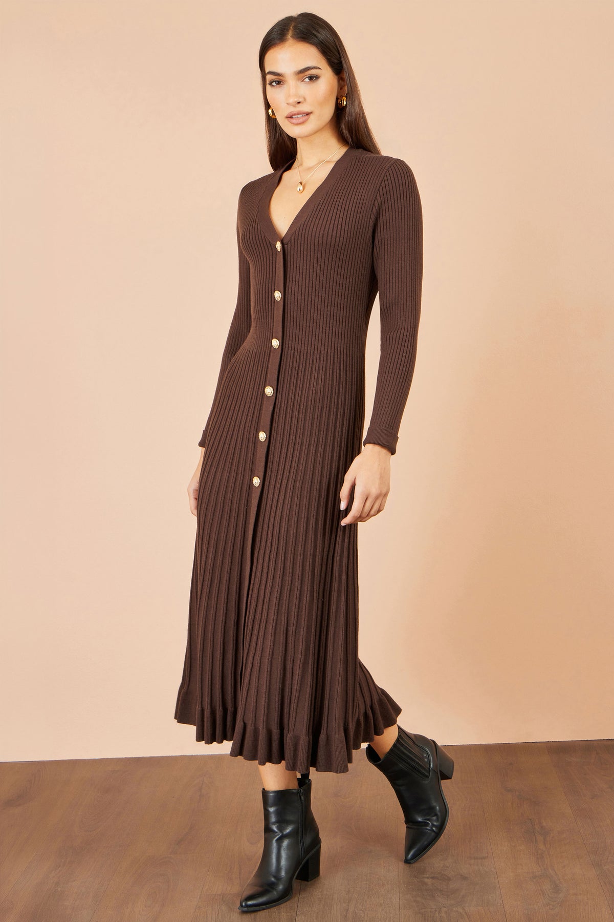 Yumi Brown Viscose Knitted Midi Ribbed Dress Knit Dress Yumi