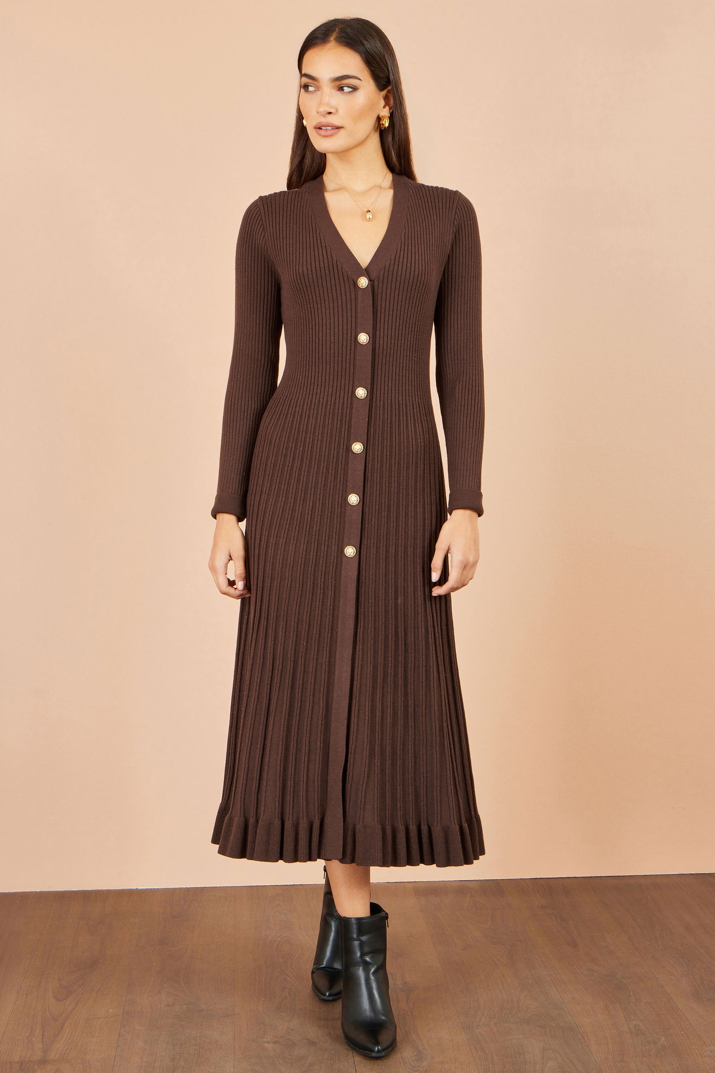 Yumi Brown Viscose Knitted Midi Ribbed Dress Knit Dress Yumi