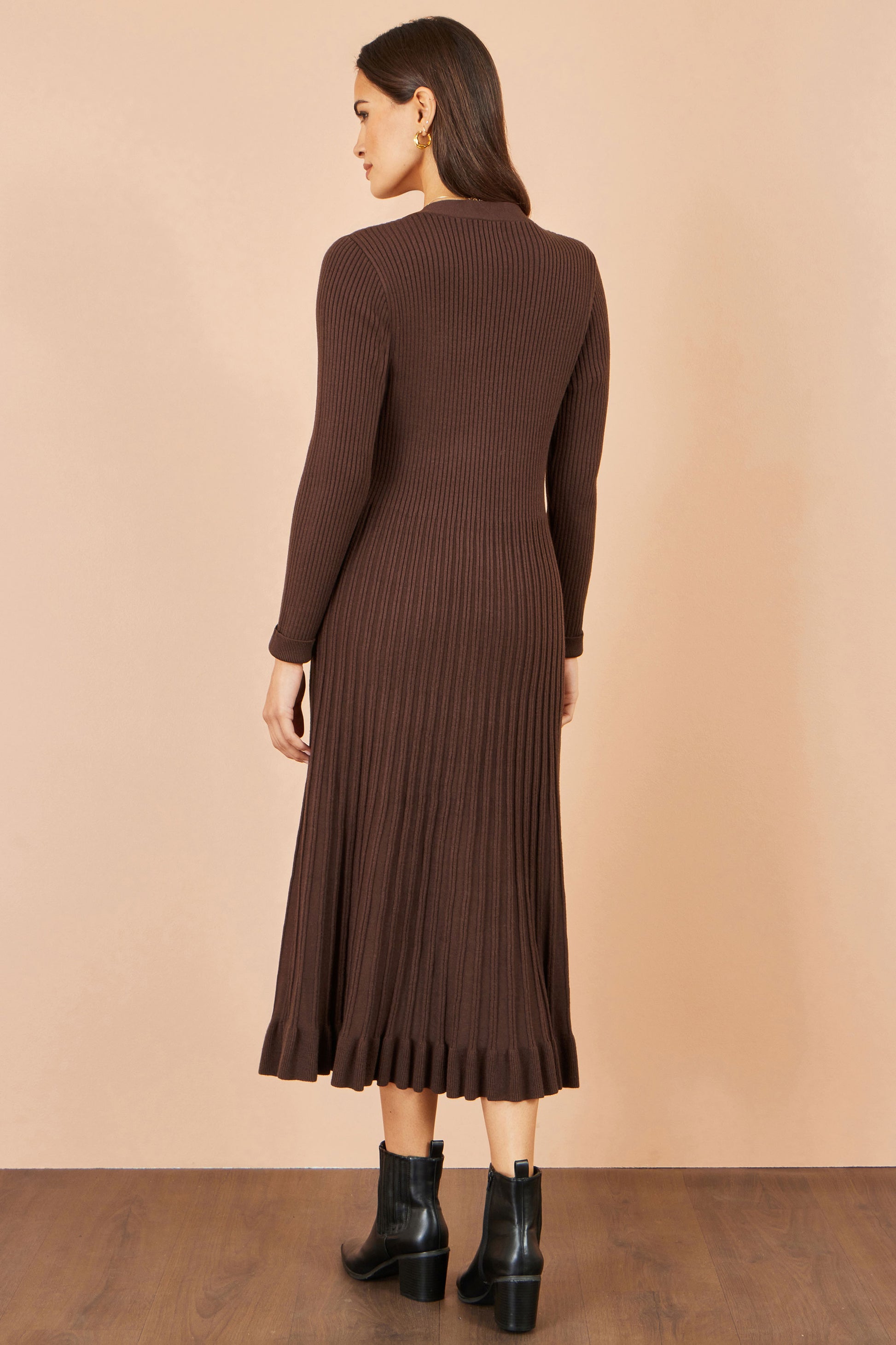 Yumi Brown Viscose Knitted Midi Ribbed Dress Knit Dress Yumi