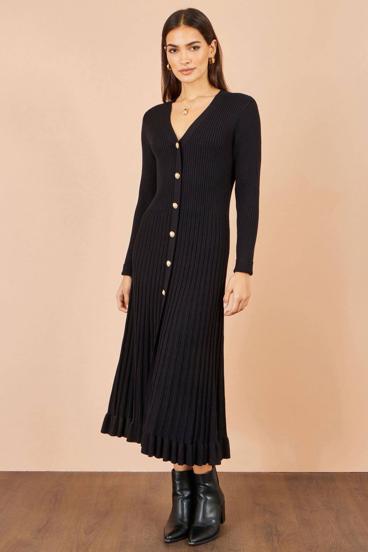 Yumi Black Viscose Knitted Midi Ribbed Dress Knit Dress Yumi