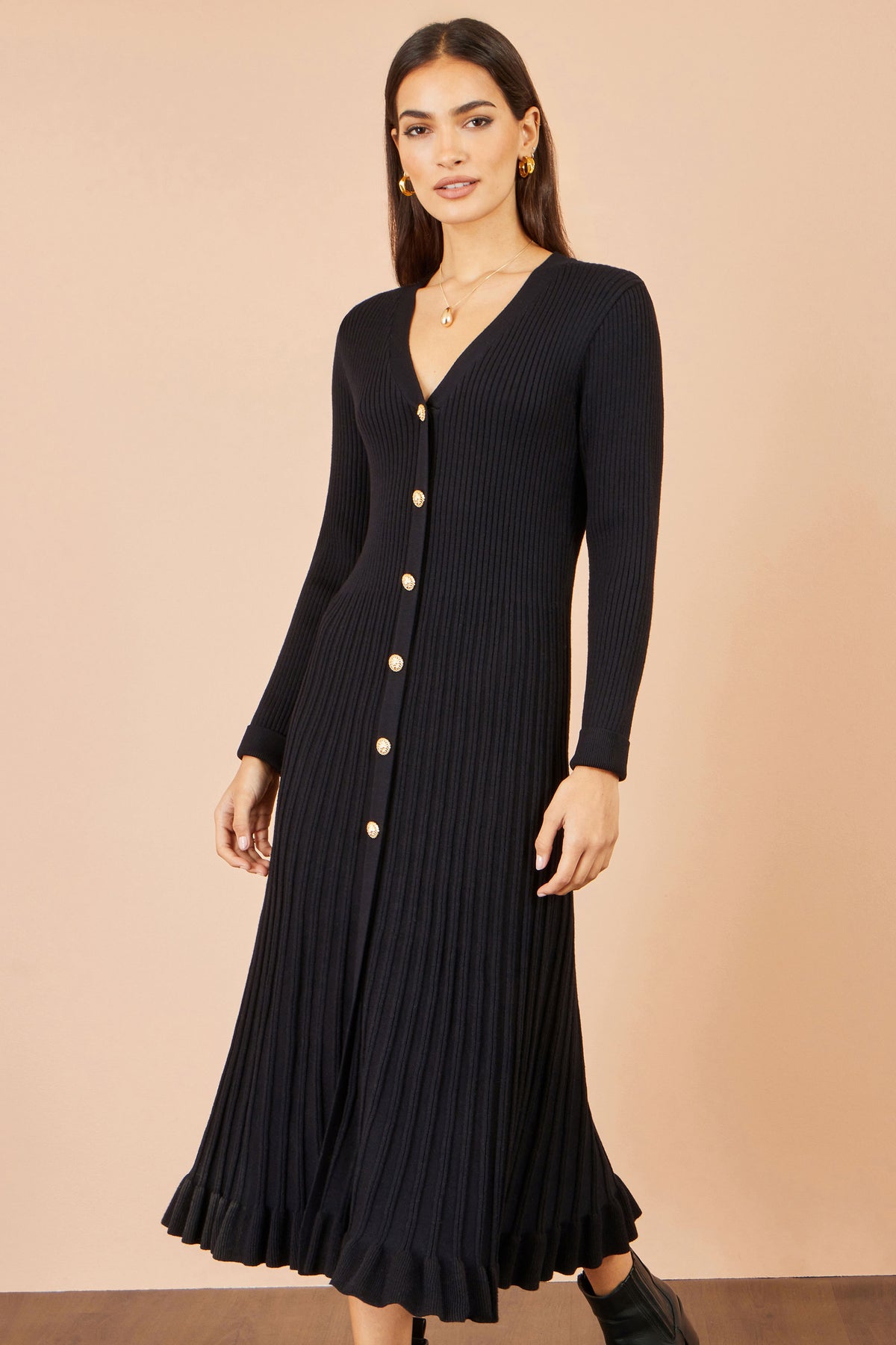 Yumi Black Viscose Knitted Midi Ribbed Dress Knit Dress Yumi
