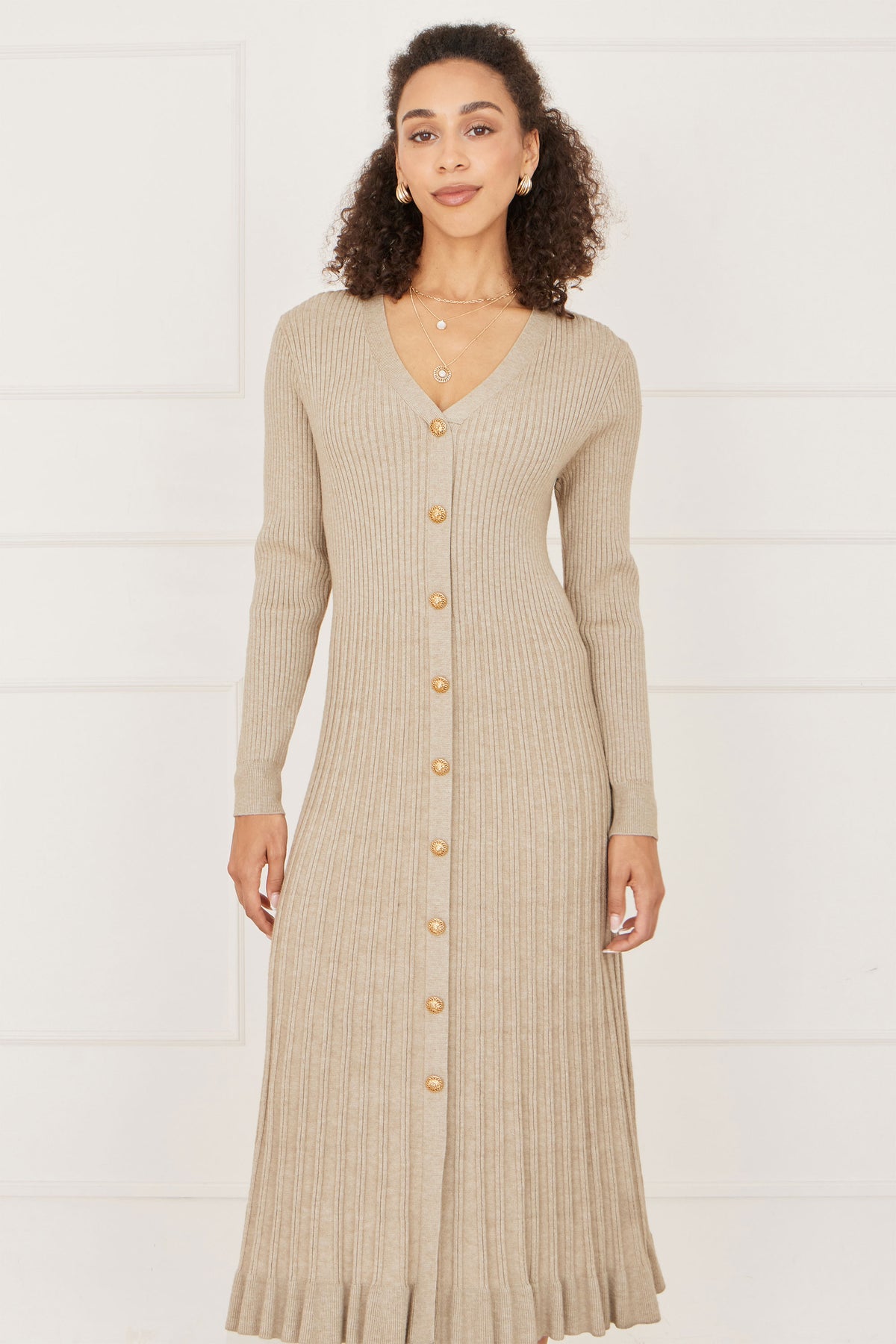 Yumi Beige Viscose Knitted Midi Ribbed Dress Knit Dress Yumi