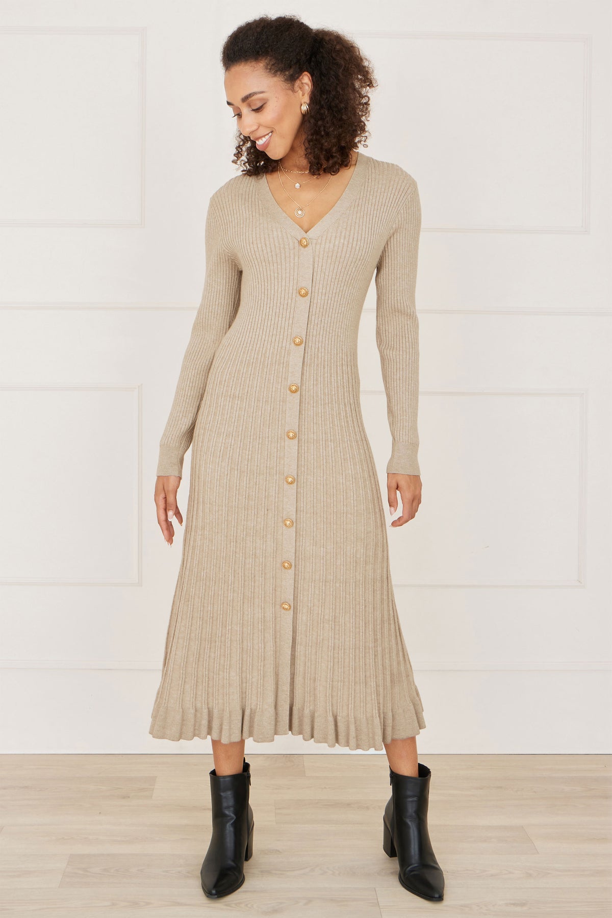 Yumi Beige Viscose Knitted Midi Ribbed Dress Knit Dress Yumi