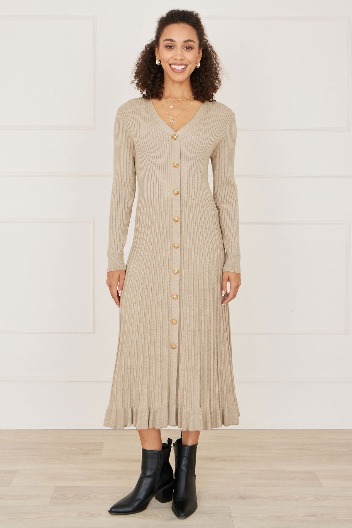 Yumi Beige Viscose Knitted Midi Ribbed Dress Knit Dress Yumi