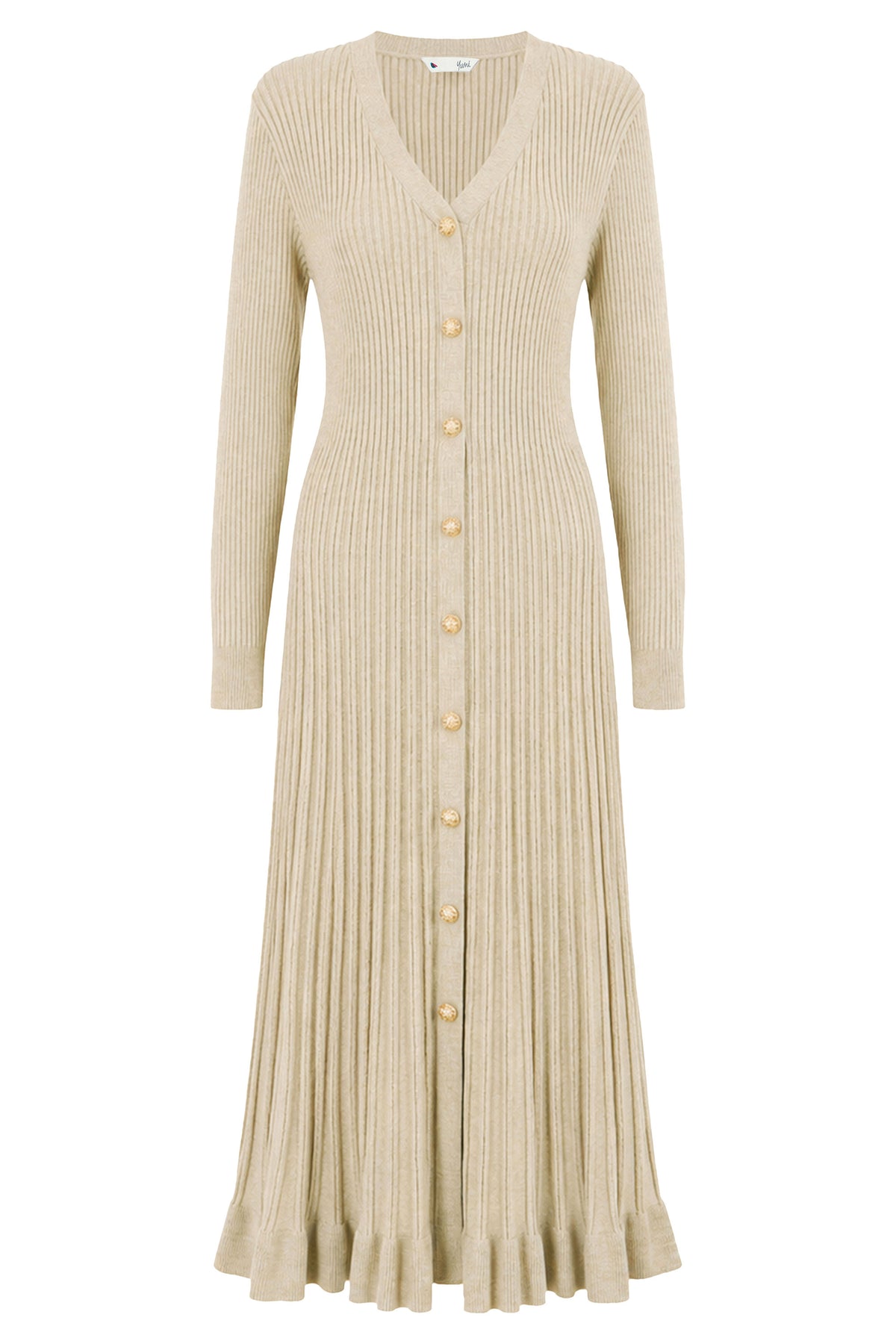 Yumi Beige Viscose Knitted Midi Ribbed Dress Knit Dress Yumi