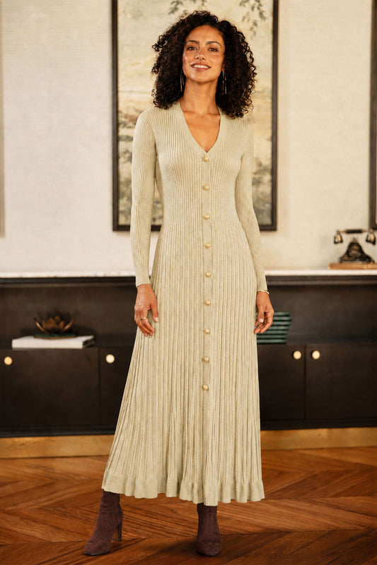 Yumi Beige Viscose Knitted Midi Ribbed Dress Knit Dress Yumi