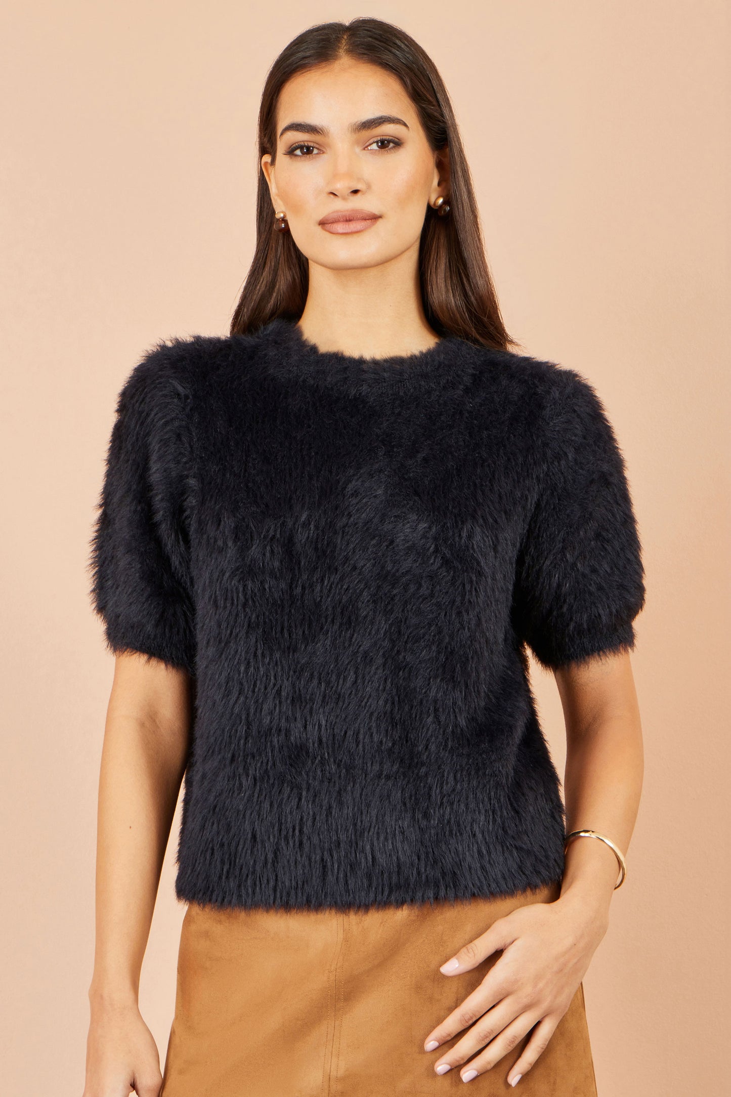 Yumi Black Fluffy Short Sleeve Jumper Knit Jumper Yumi