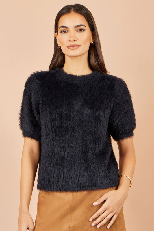 Yumi Black Fluffy Short Sleeve Jumper Knit Jumper Yumi