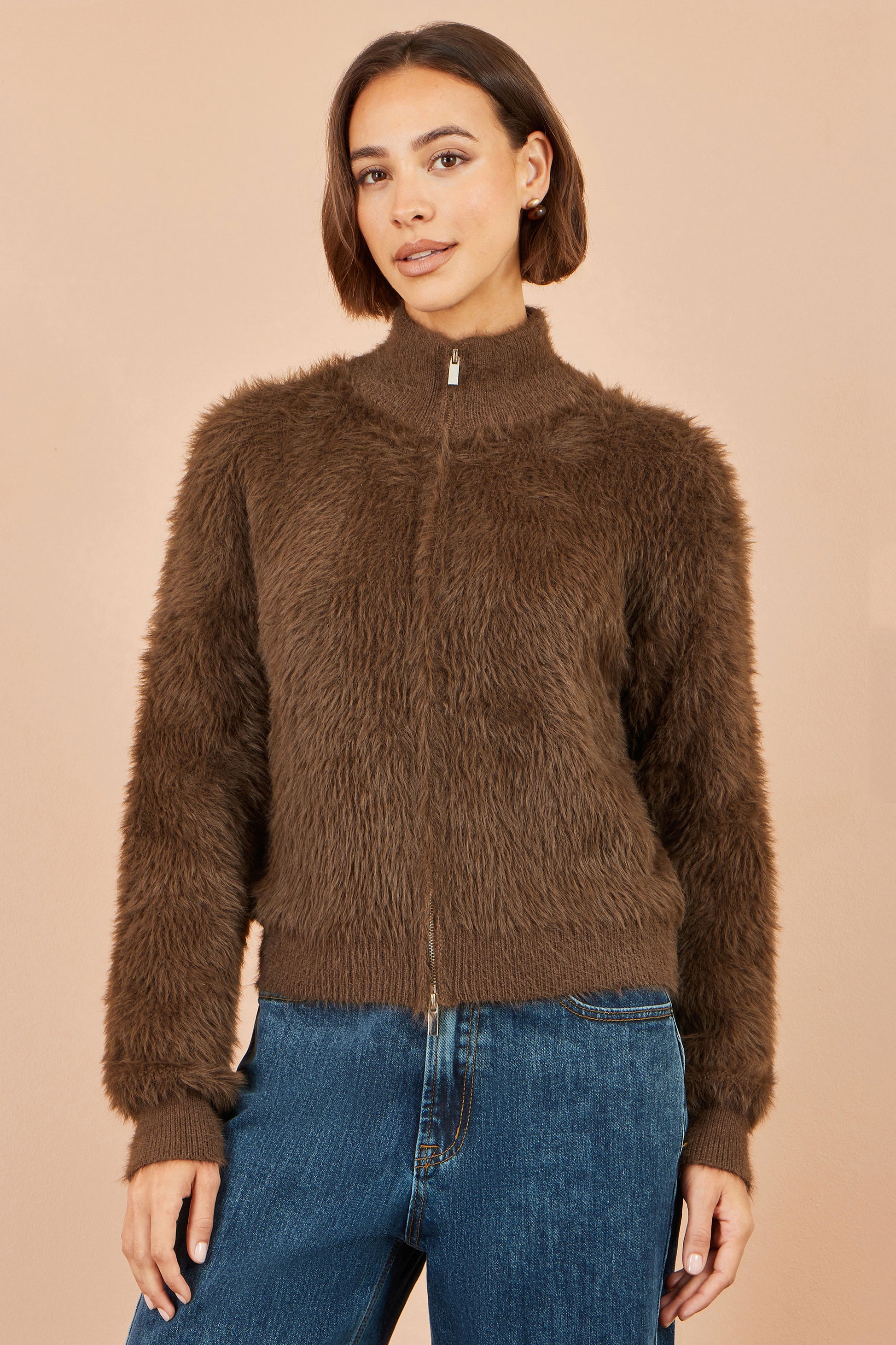 Yumi Brown Eyelash Zip Knitted Jacket Knit Cardigan Yumi