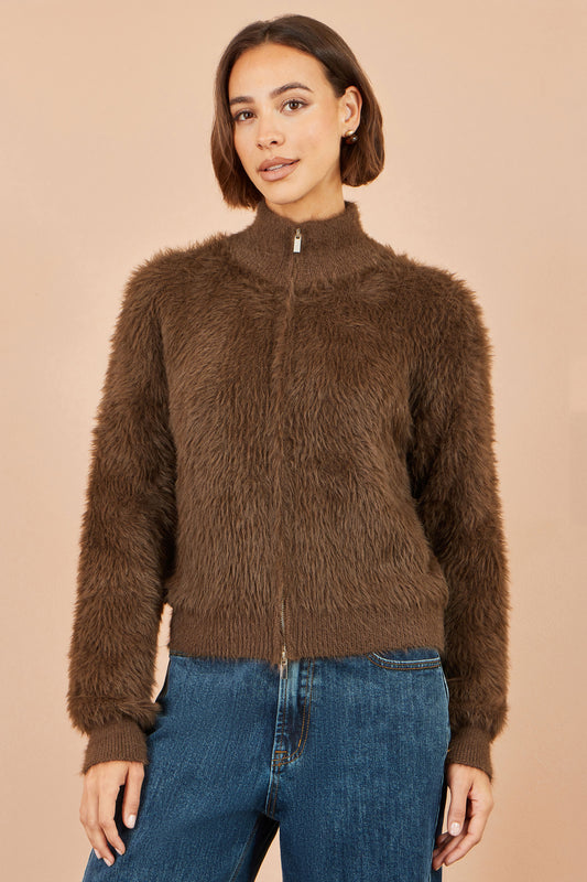 Yumi Brown Eyelash Zip Knitted Jacket Knit Cardigan Yumi