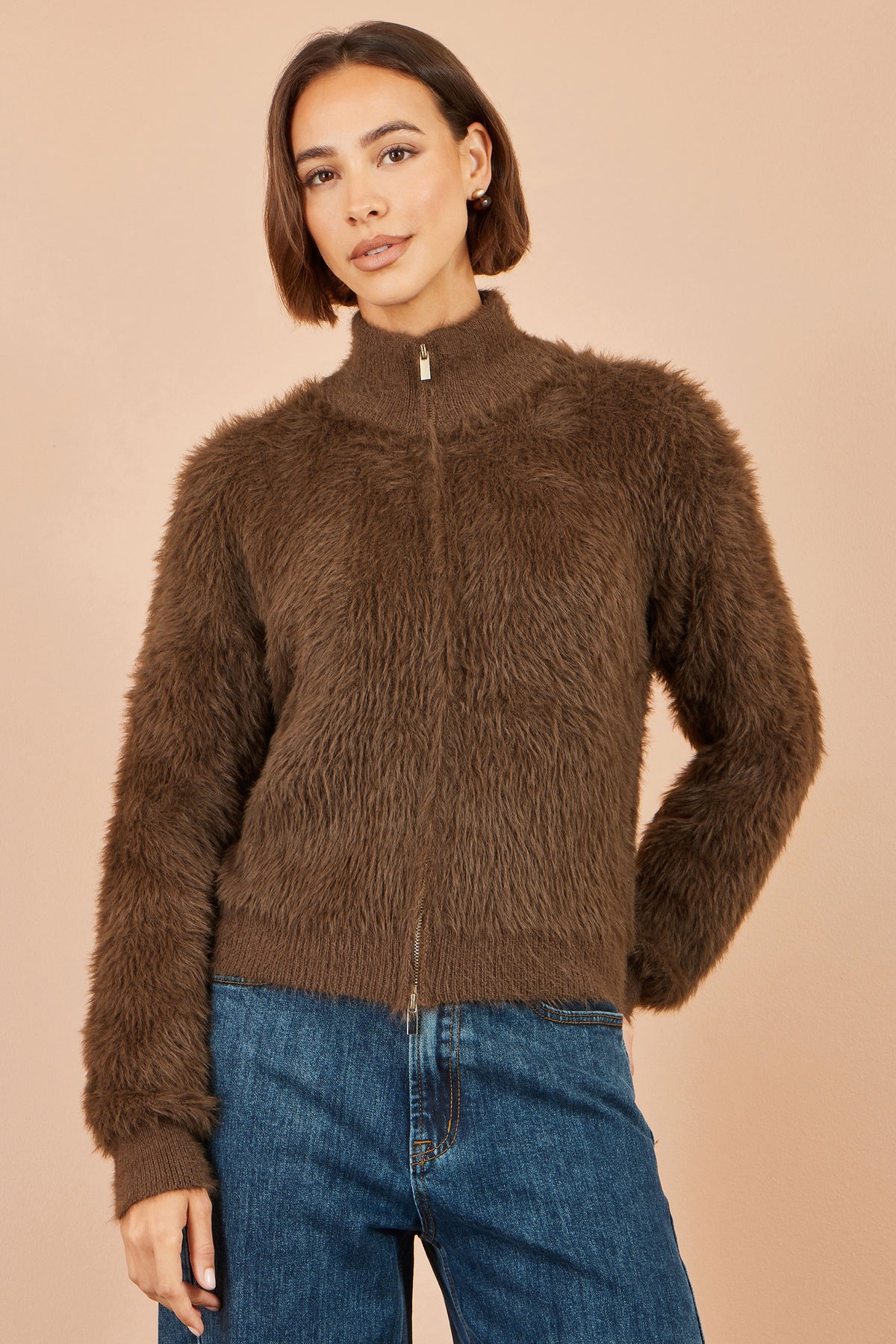 Yumi Brown Eyelash Zip Knitted Jacket Knit Cardigan Yumi