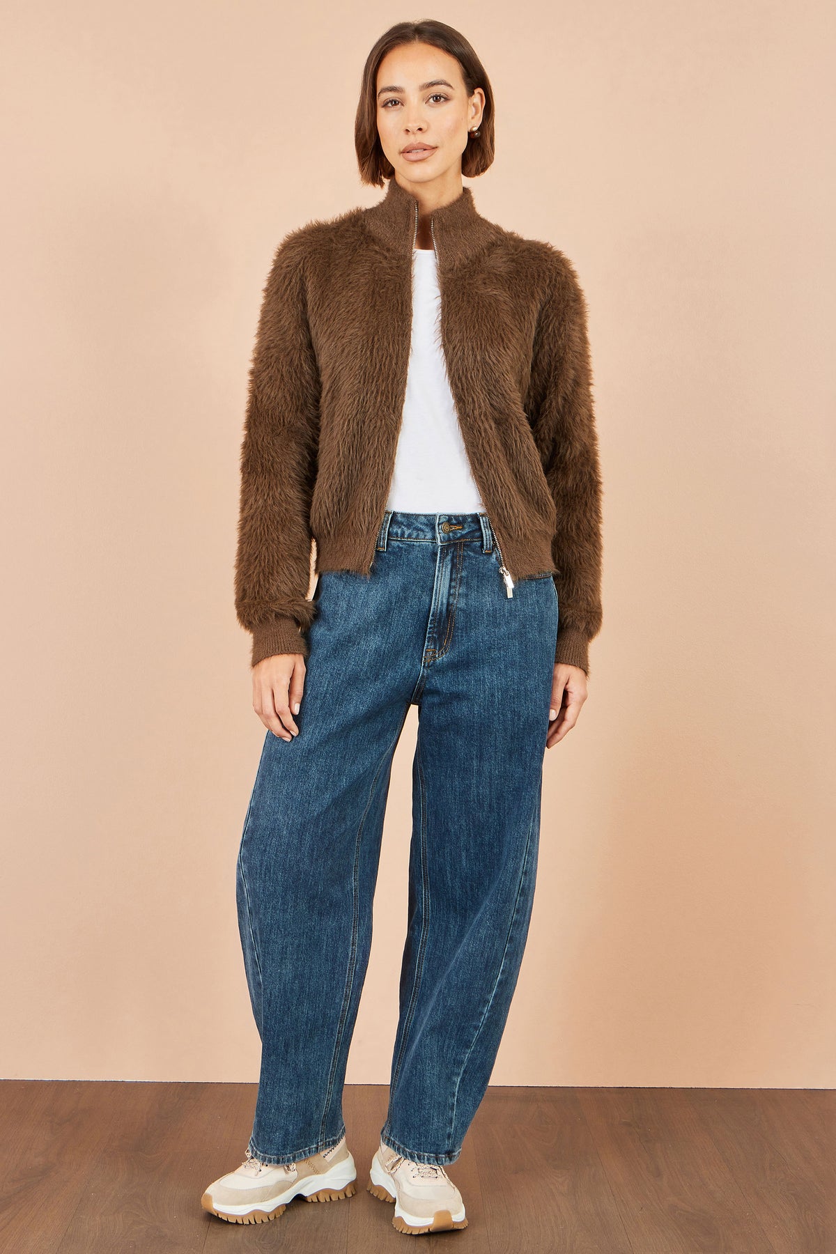 Yumi Brown Eyelash Zip Knitted Jacket Knit Cardigan Yumi