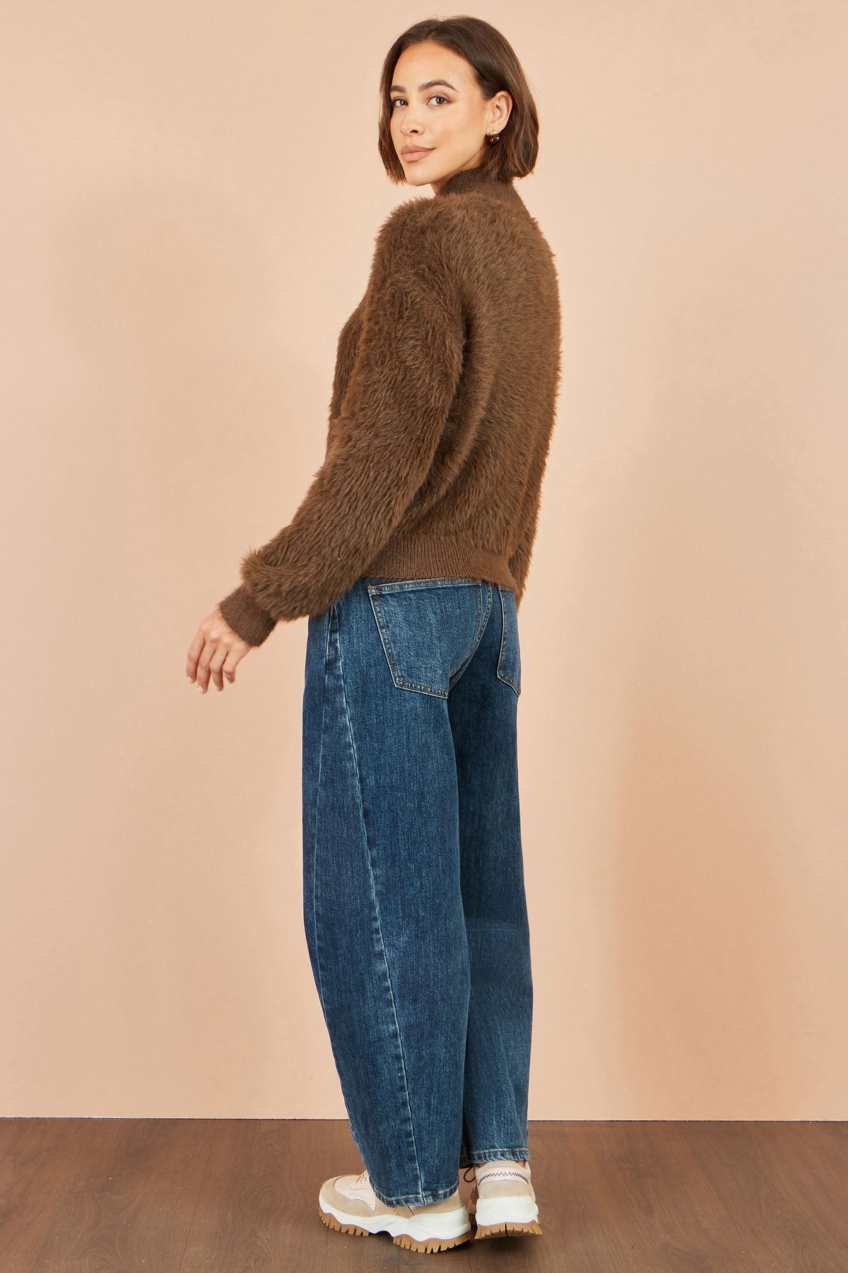 Yumi Brown Eyelash Zip Knitted Jacket Knit Cardigan Yumi