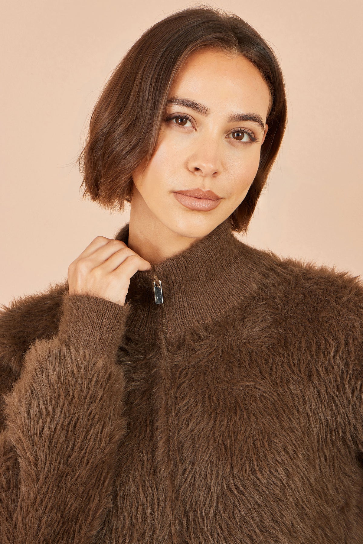 Yumi Brown Eyelash Zip Knitted Jacket Knit Cardigan Yumi