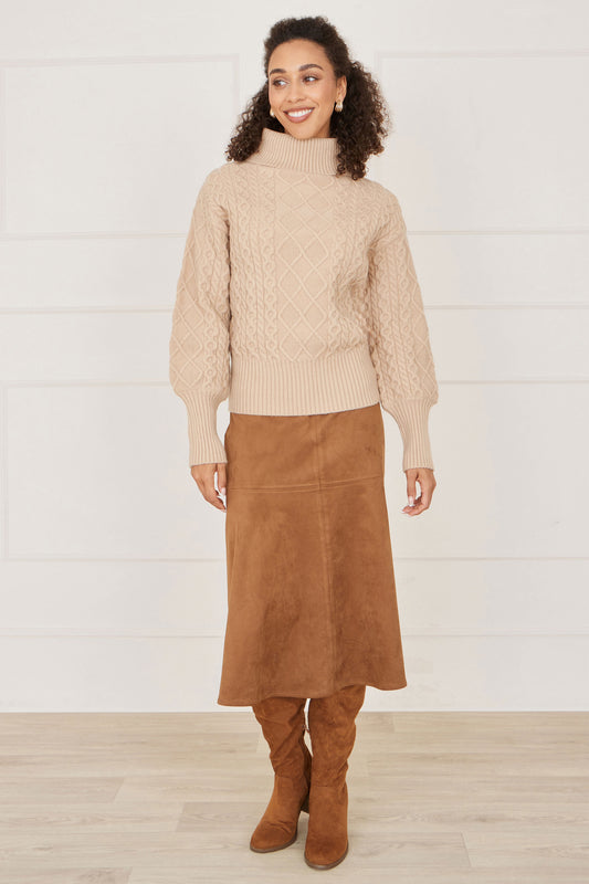 Yumi Beige Cable Knit Roll Neck Jumper Knit Jumper Yumi