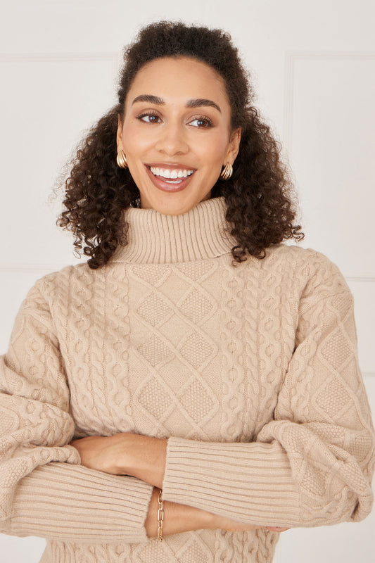 Yumi Beige Cable Knit Roll Neck Jumper Knit Jumper Yumi