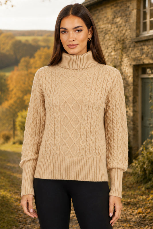 Yumi Beige Cable Knit Roll Neck Jumper Knit Jumper Yumi