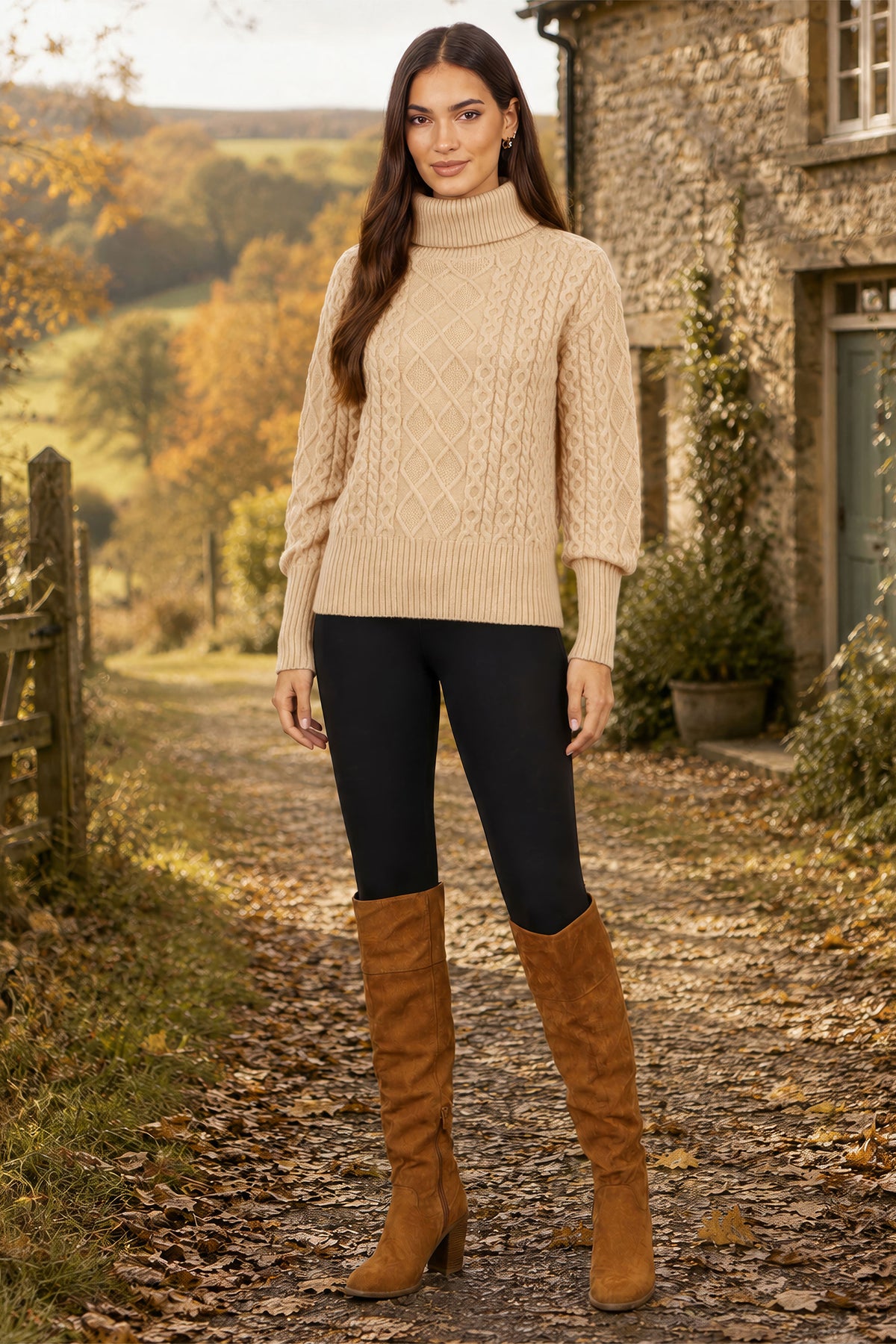 Yumi Beige Cable Knit Roll Neck Jumper Knit Jumper Yumi