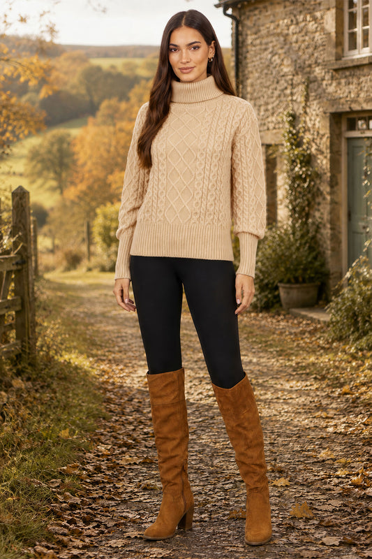 Yumi Beige Cable Knit Roll Neck Jumper Knit Jumper Yumi