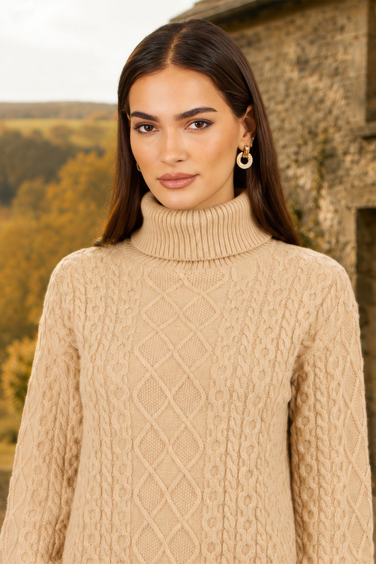 Yumi Beige Cable Knit Roll Neck Jumper Knit Jumper Yumi