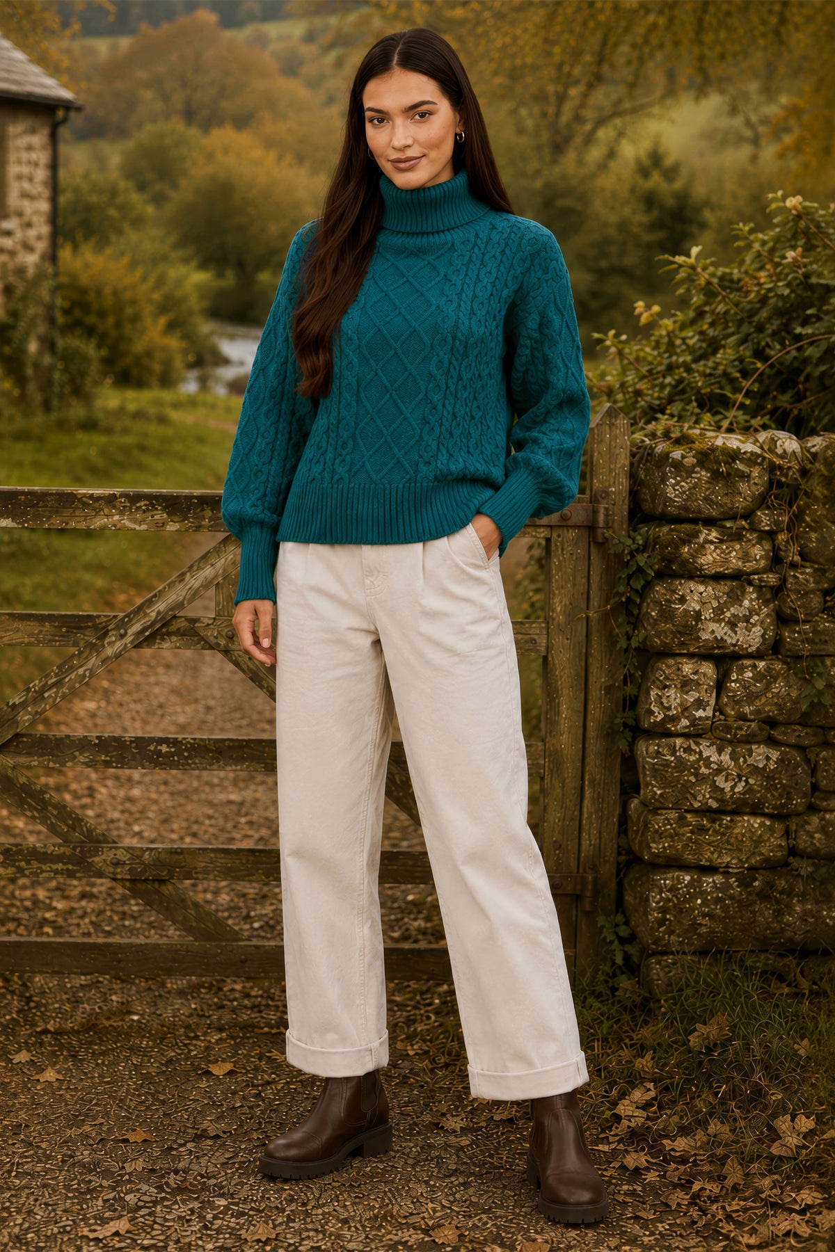 Yumi Teal Cable Knit Roll Neck Jumper Knit Jumper Yumi