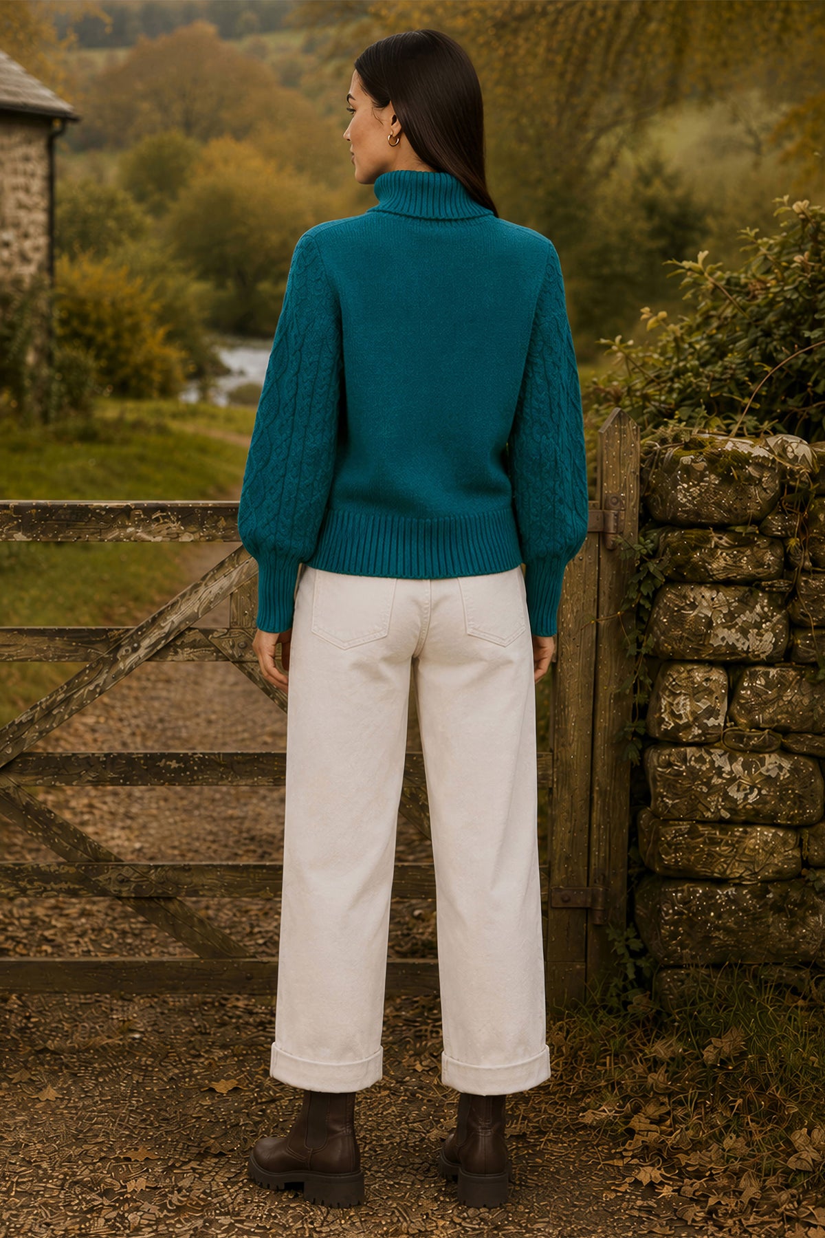 Yumi Teal Cable Knit Roll Neck Jumper Knit Jumper Yumi