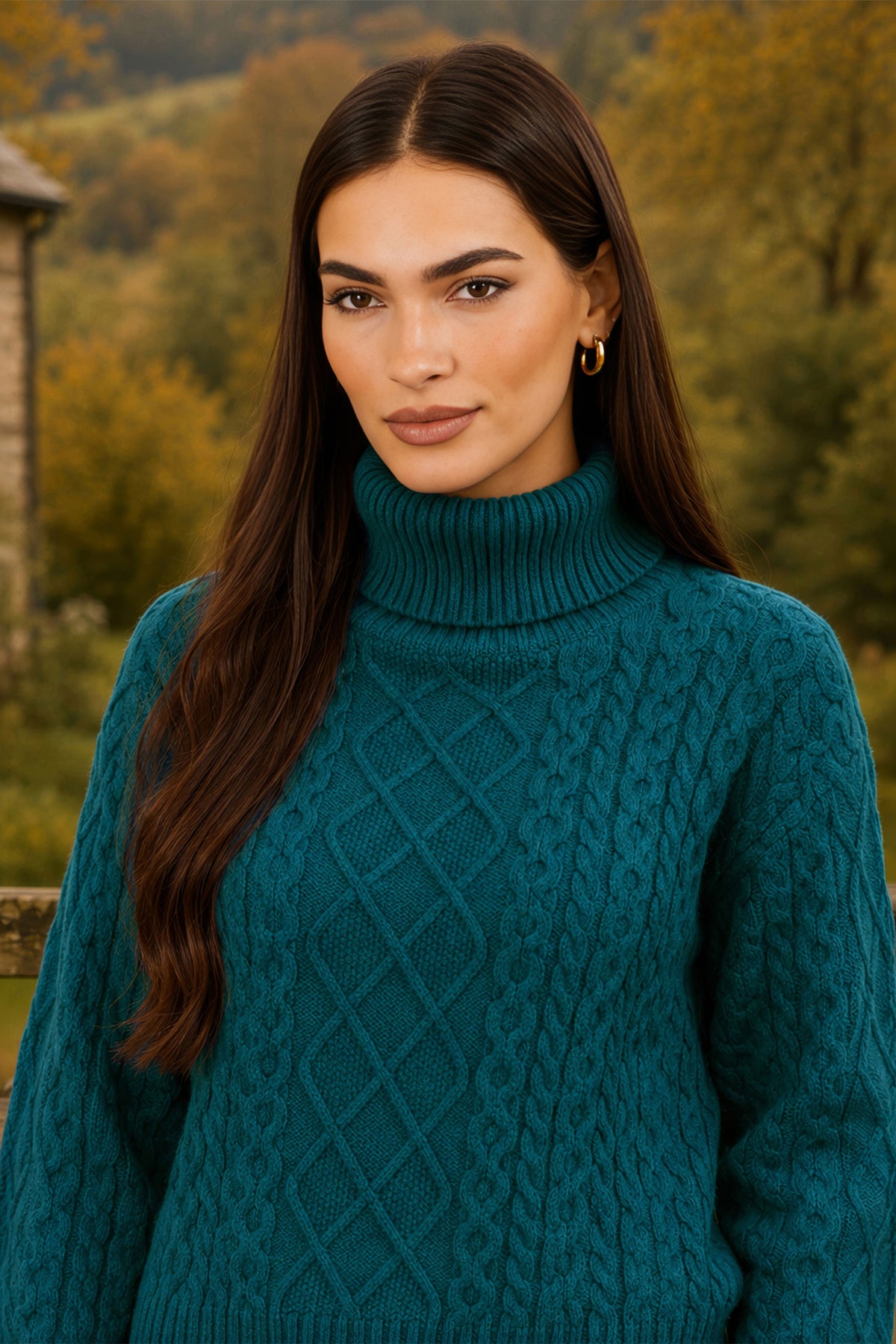 Yumi Teal Cable Knit Roll Neck Jumper Knit Jumper Yumi